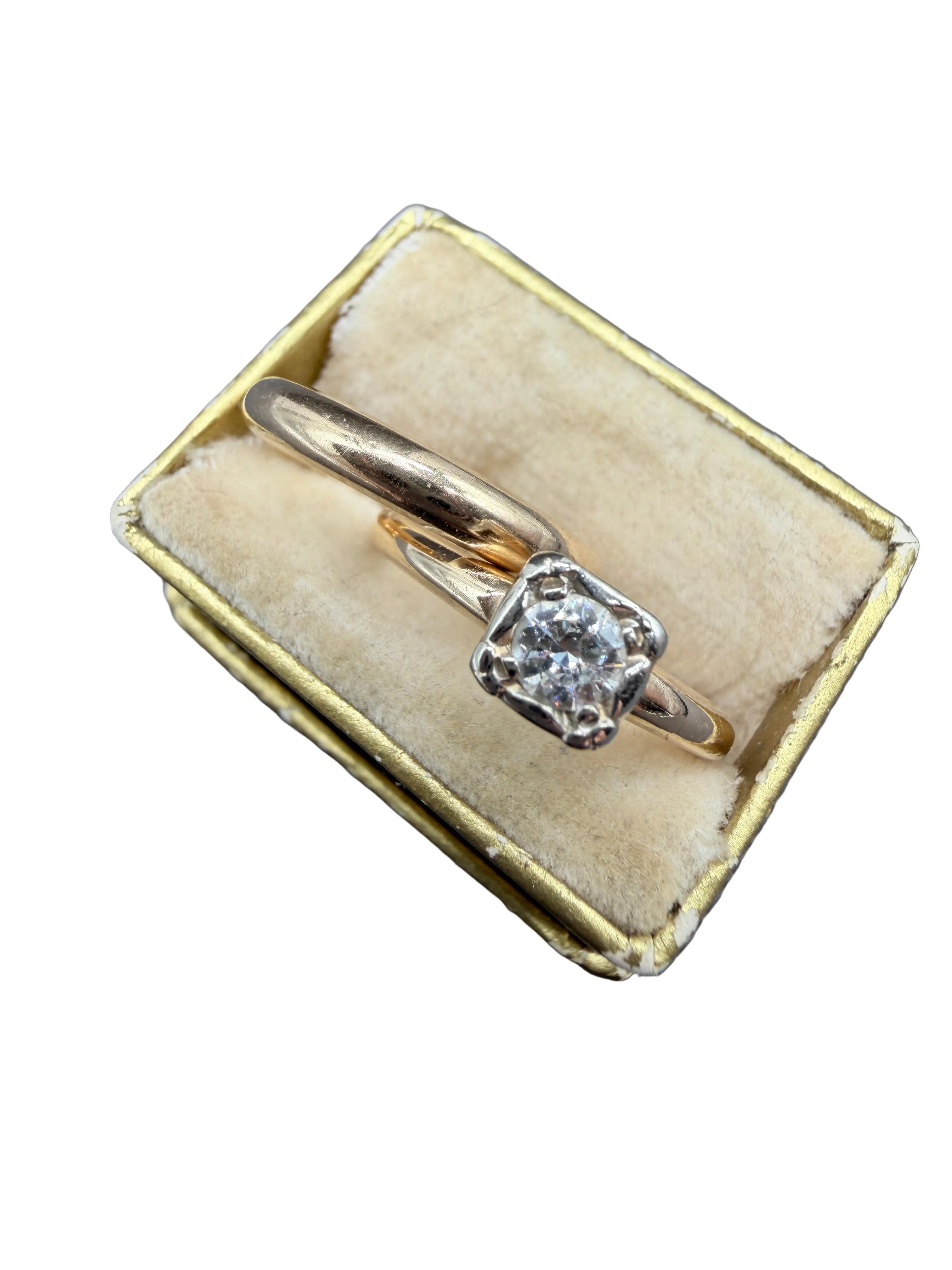 1940s 14K Gold Solitaire Diamond Engagement Ring & Matching Wedding Band Set