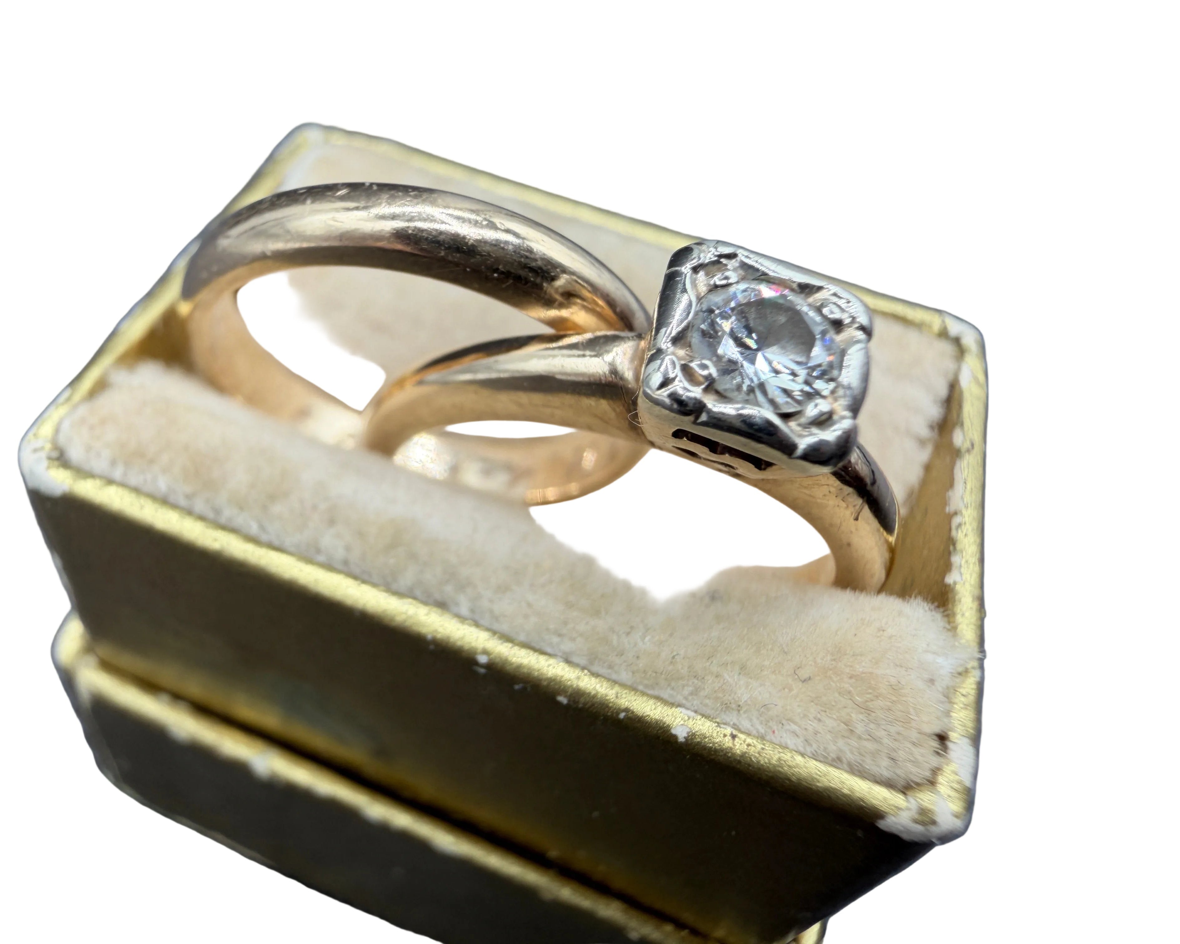 1940s 14K Gold Solitaire Diamond Engagement Ring & Matching Wedding Band Set