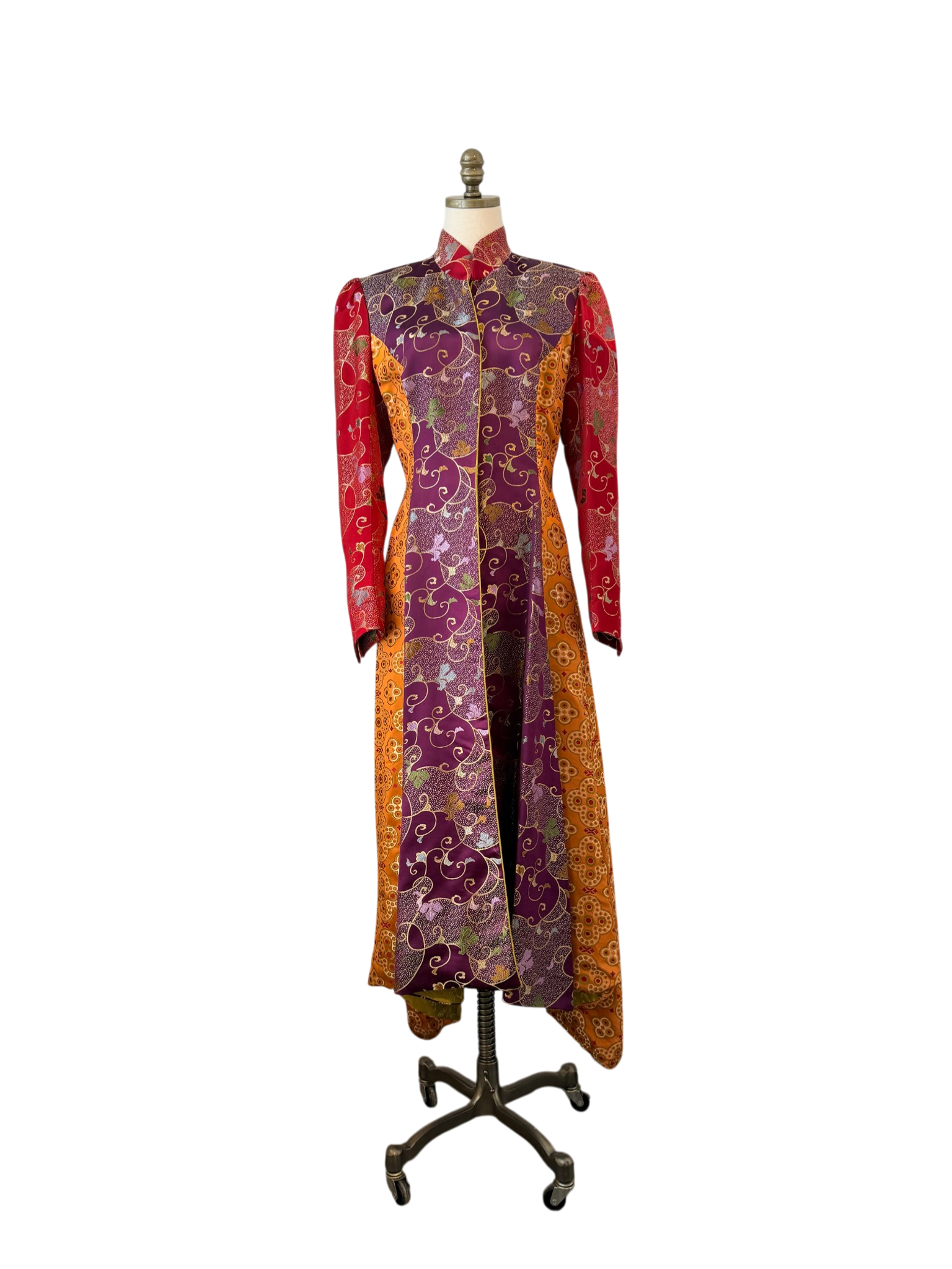 Asian Silk Panel Floor-Length Duster with Multiple High Slits
