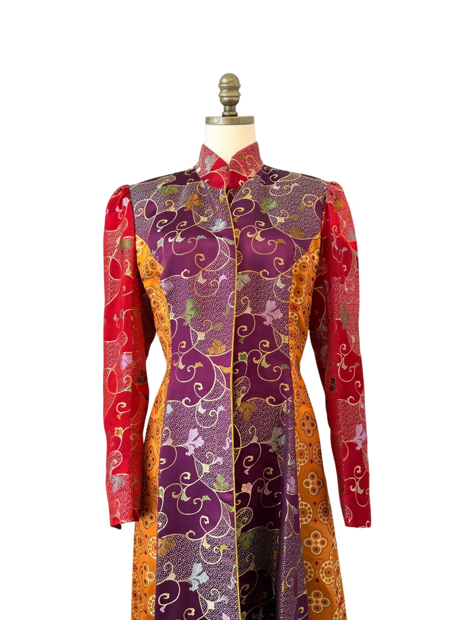 Asian Silk Panel Floor-Length Duster with Multiple High Slits