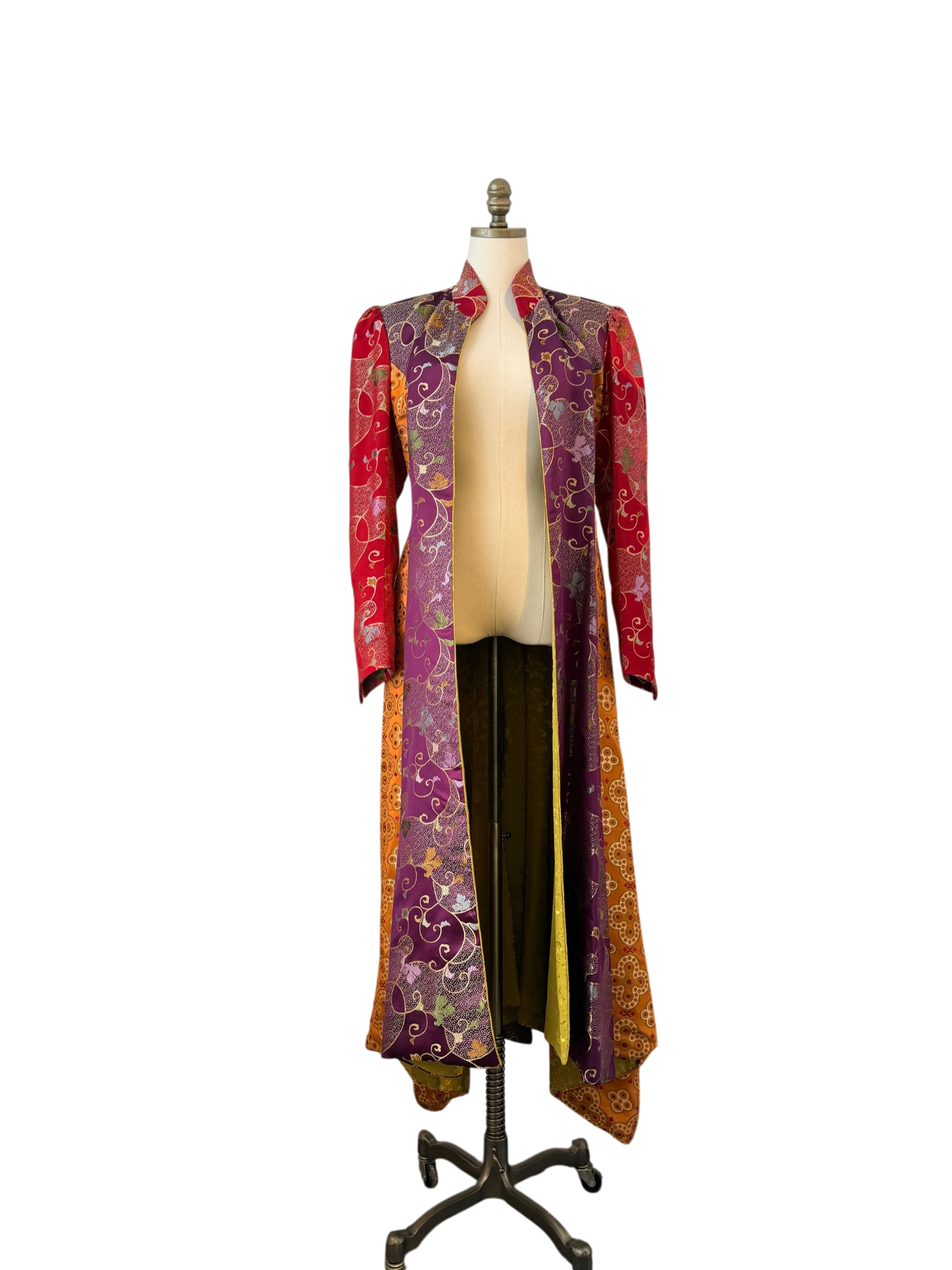 Asian Silk Panel Floor-Length Duster with Multiple High Slits