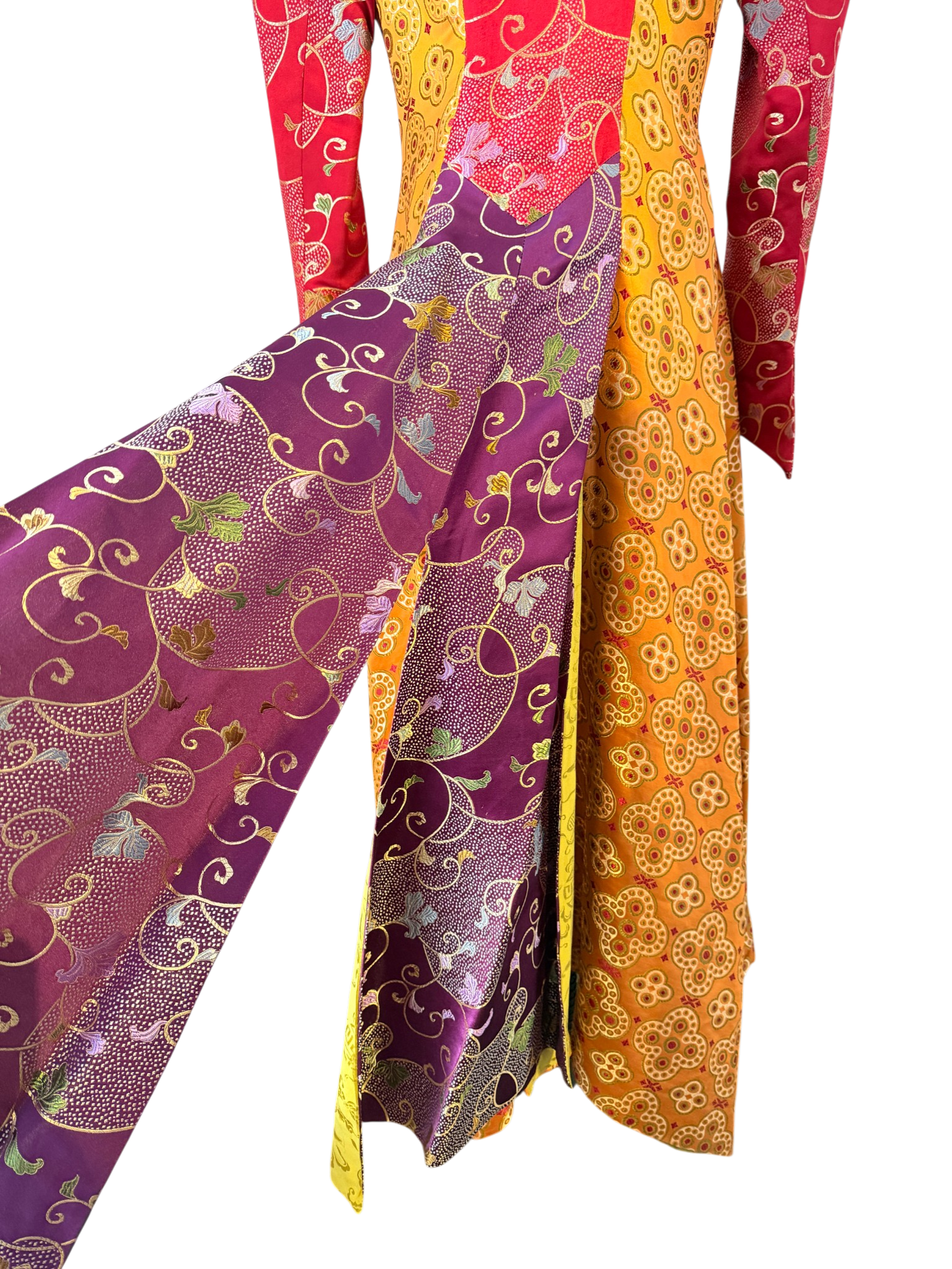 Asian Silk Panel Floor-Length Duster with Multiple High Slits