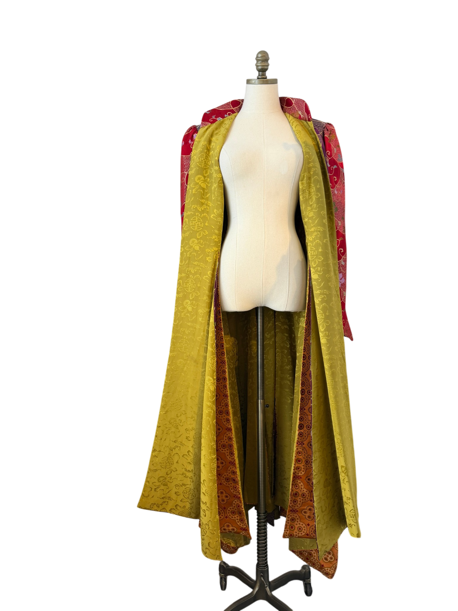 Asian Silk Panel Floor-Length Duster with Multiple High Slits