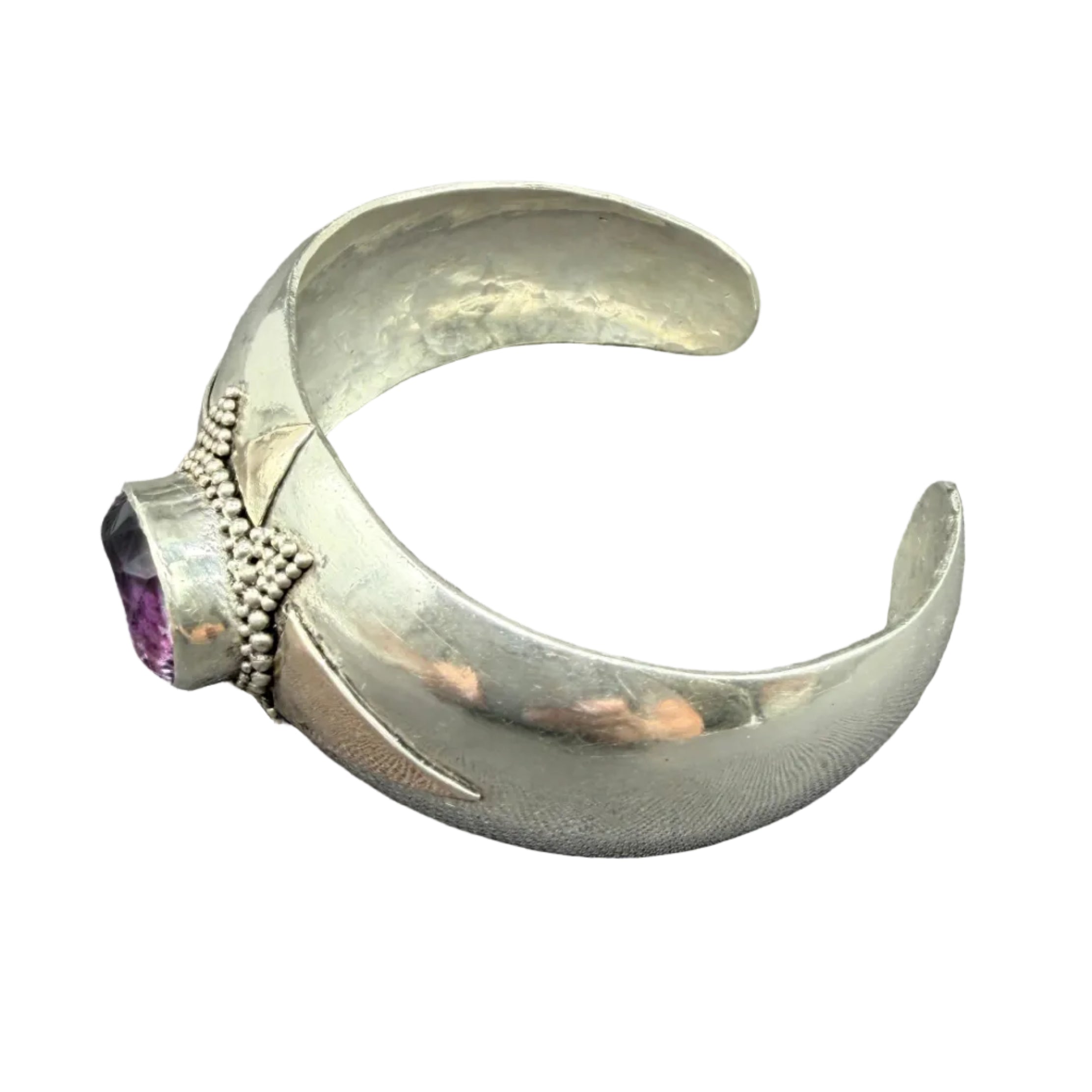 1980s Navajo Sterling Silver & Brass Cuff Bracelet with Faceted Amethyst