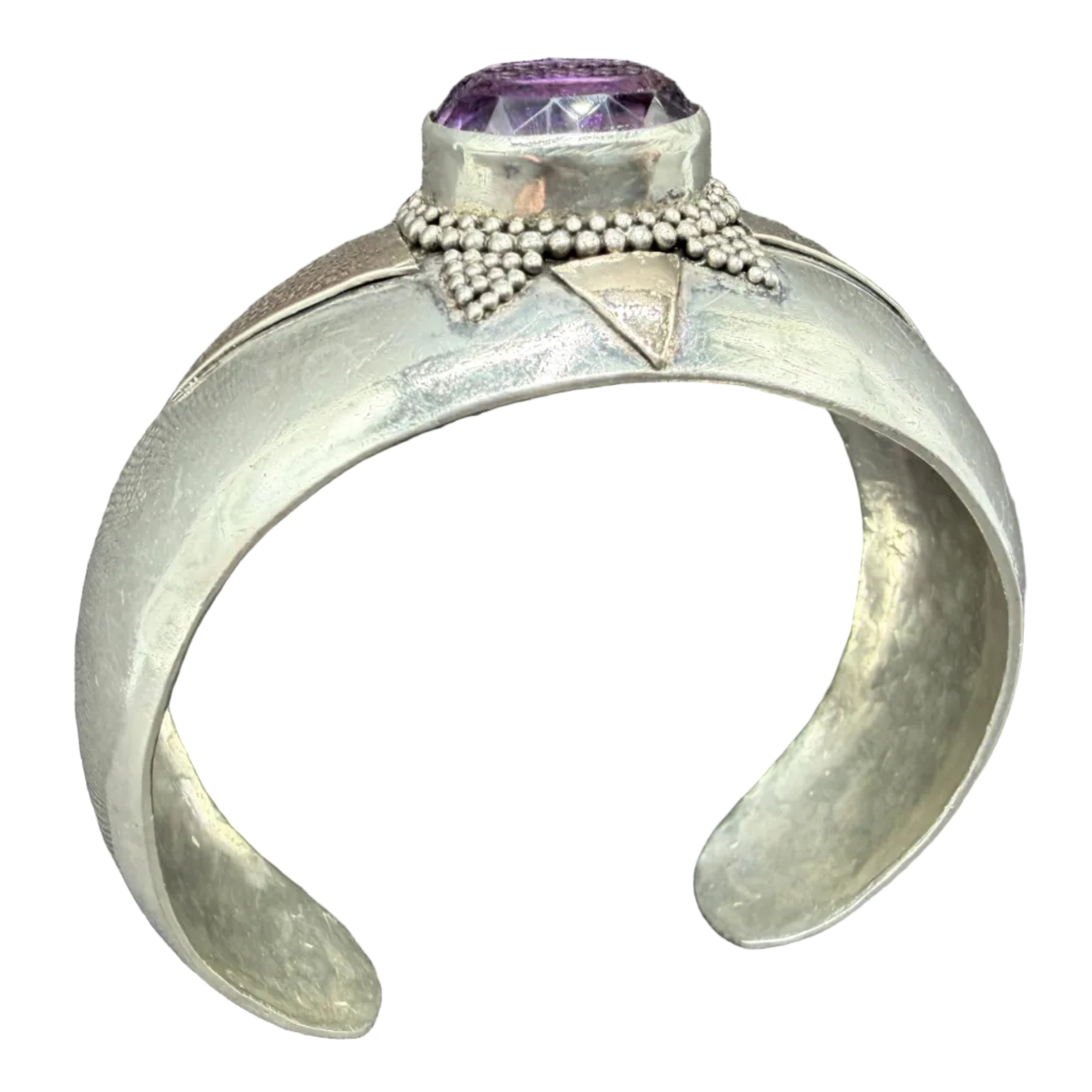 1980s Navajo Sterling Silver & Brass Cuff Bracelet with Faceted Amethyst