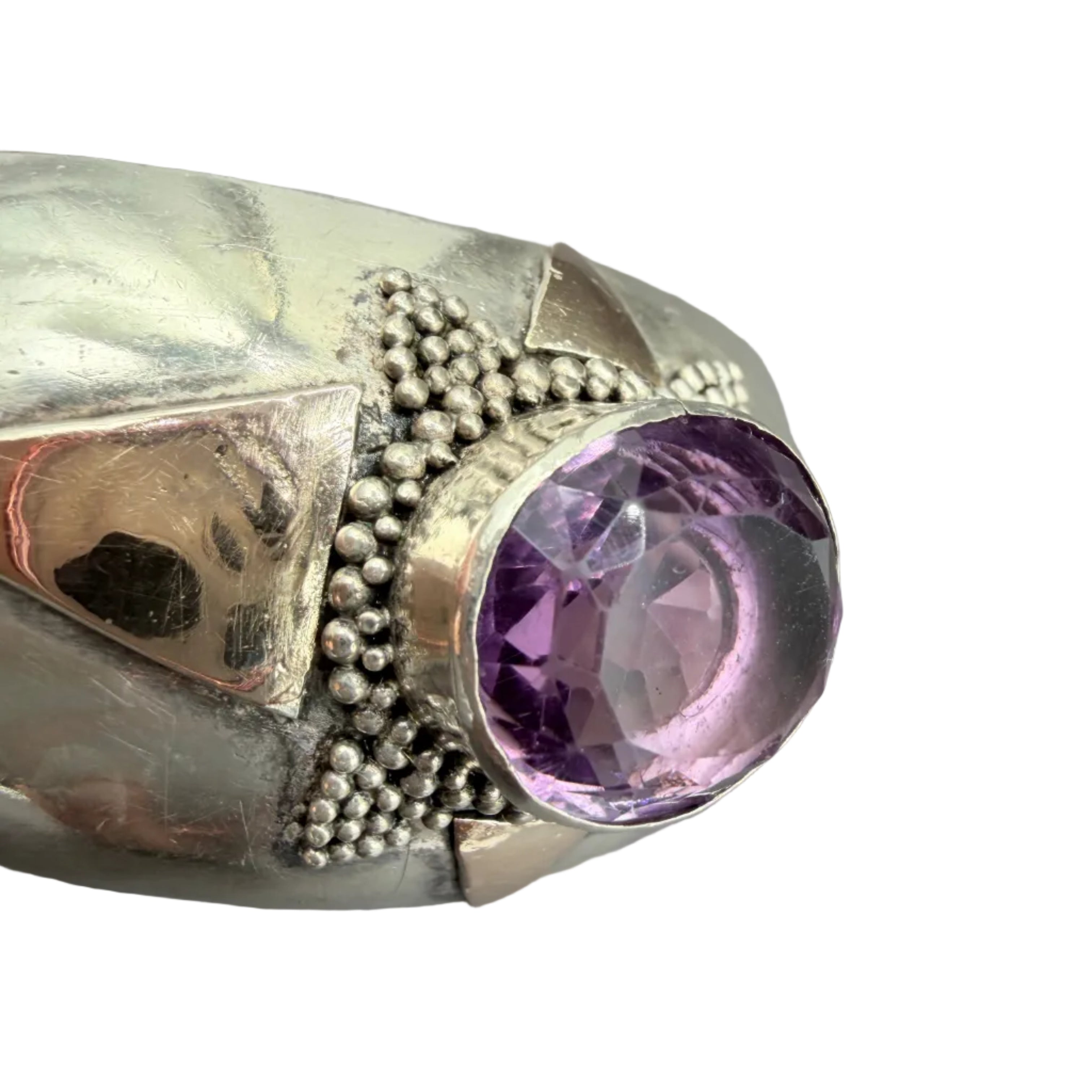 1980s Navajo Sterling Silver & Brass Cuff Bracelet with Faceted Amethyst