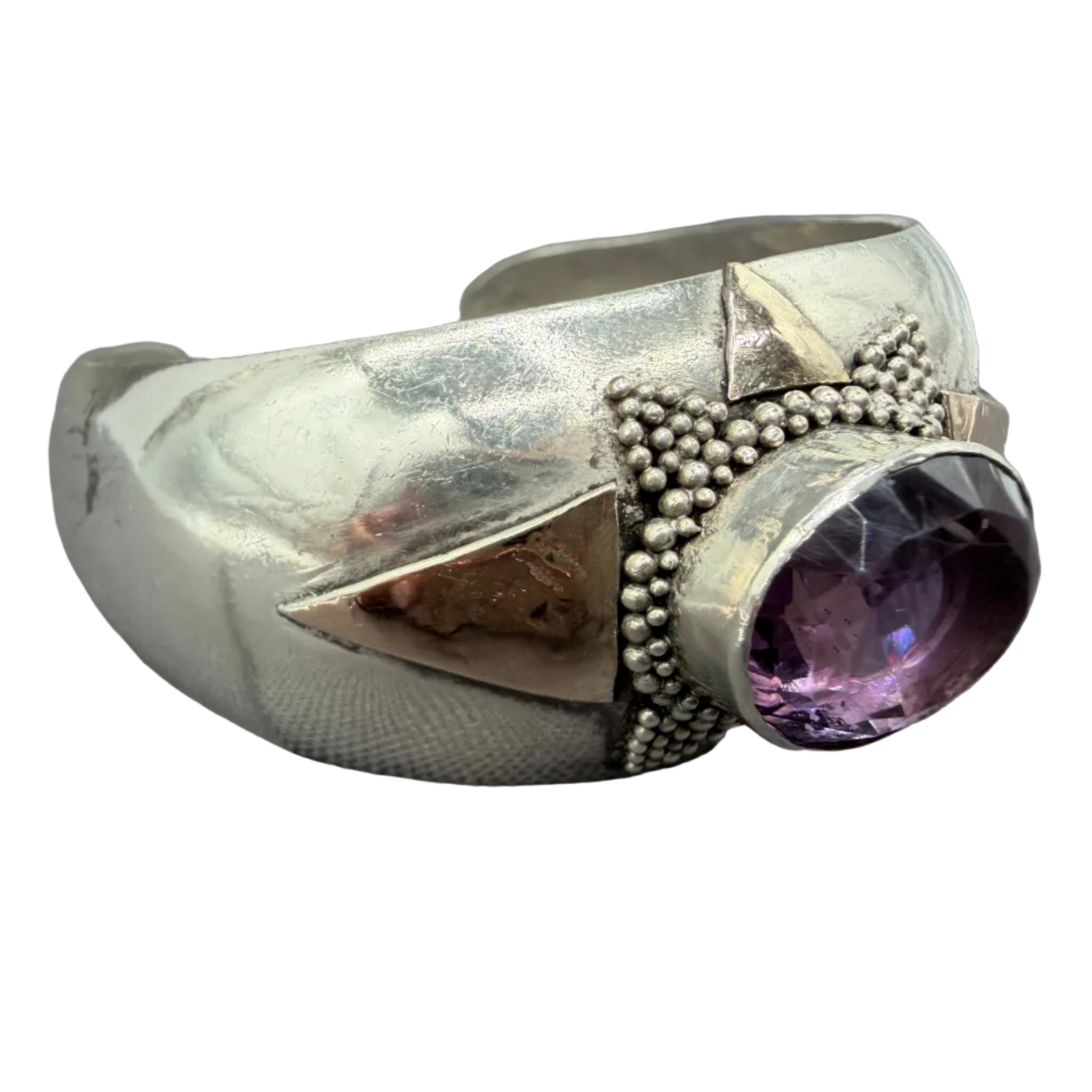 1980s Navajo Sterling Silver & Brass Cuff Bracelet with Faceted Amethyst