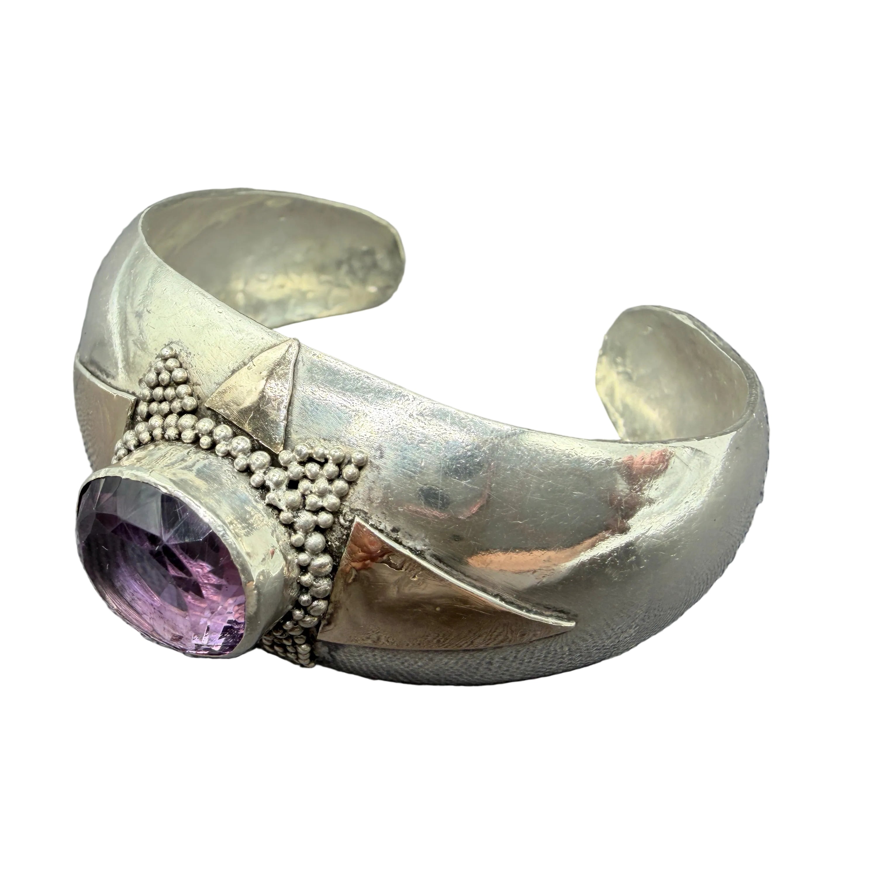1980s Navajo Sterling Silver & Brass Cuff Bracelet with Faceted Amethyst