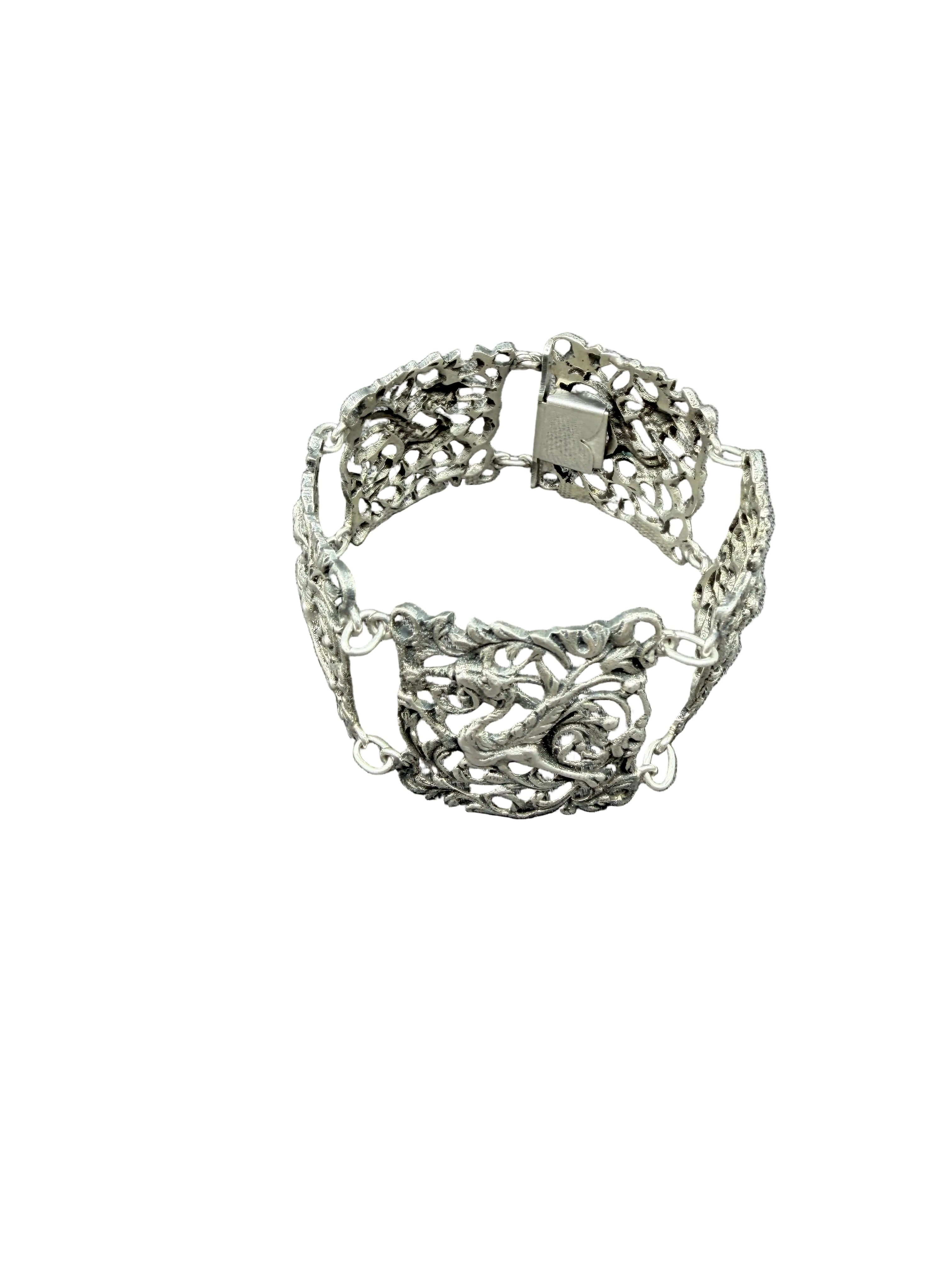 1960s Guglielmo Cini 800 Silver Openwork Panel Link Bracelet with Winged Creatures