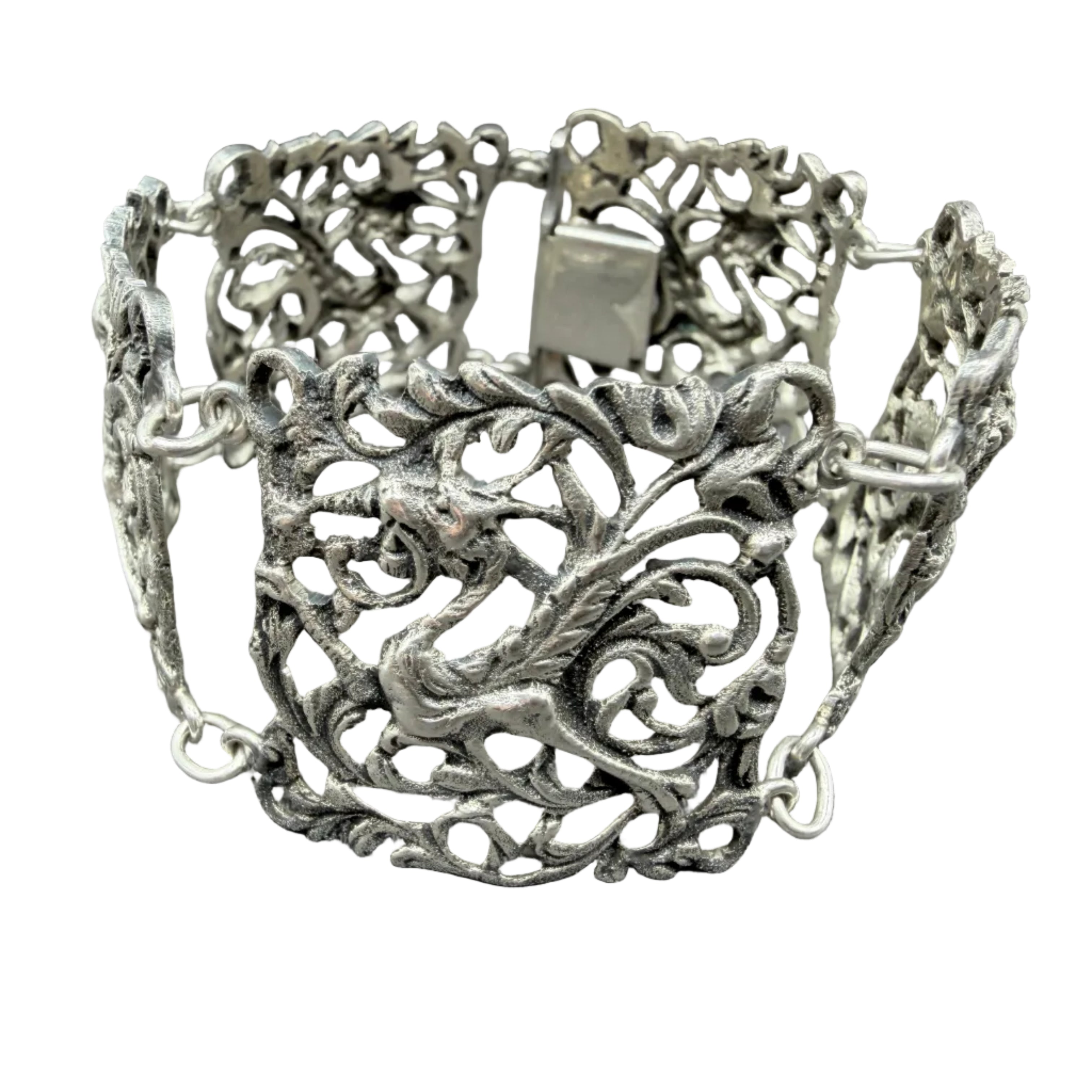 1960s Guglielmo Cini 800 Silver Openwork Panel Link Bracelet with Winged Creatures