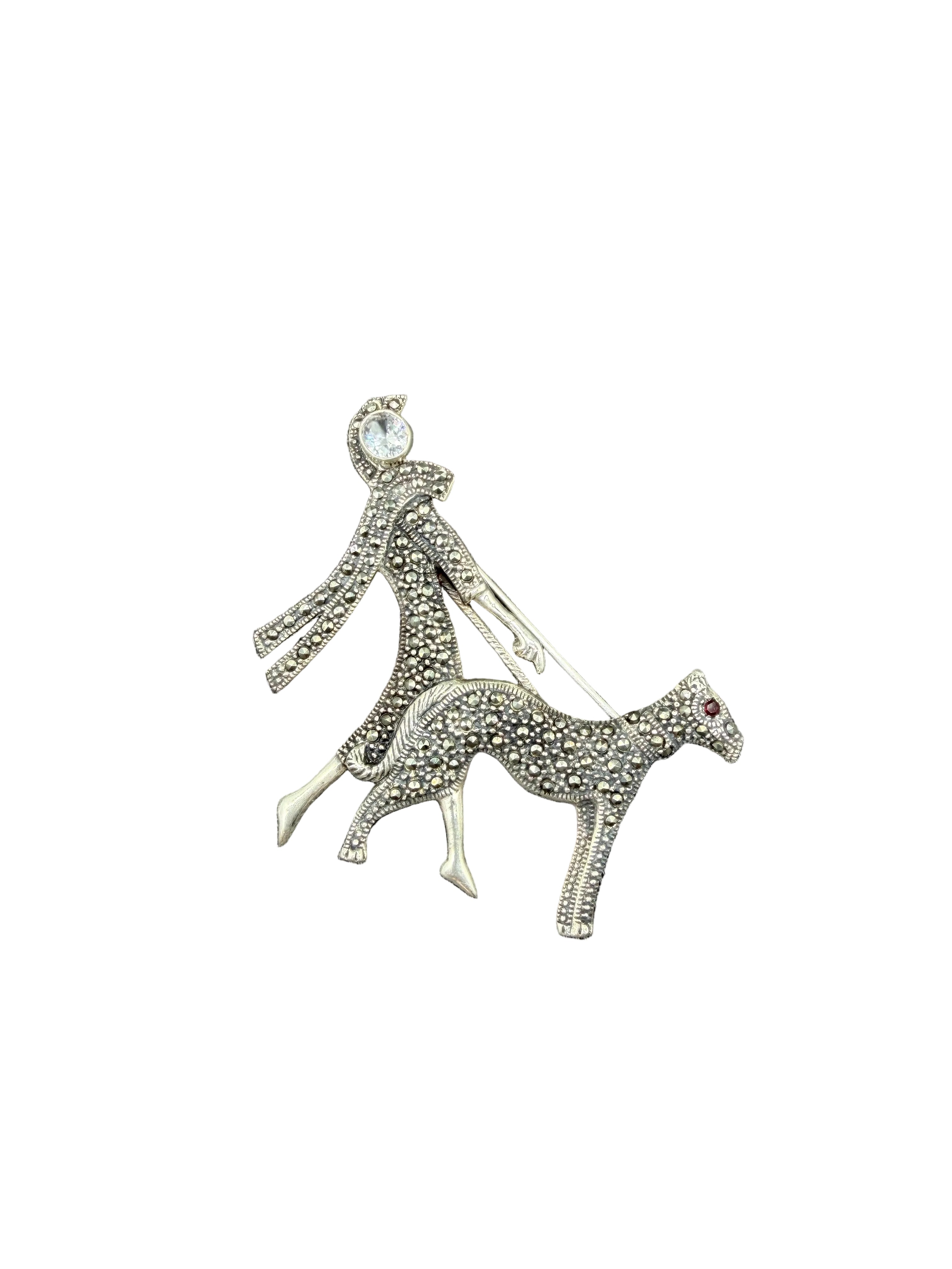 1940s Sterling Silver & Marcasite Art Deco Woman Walking Dog Brooch with Ruby Eye