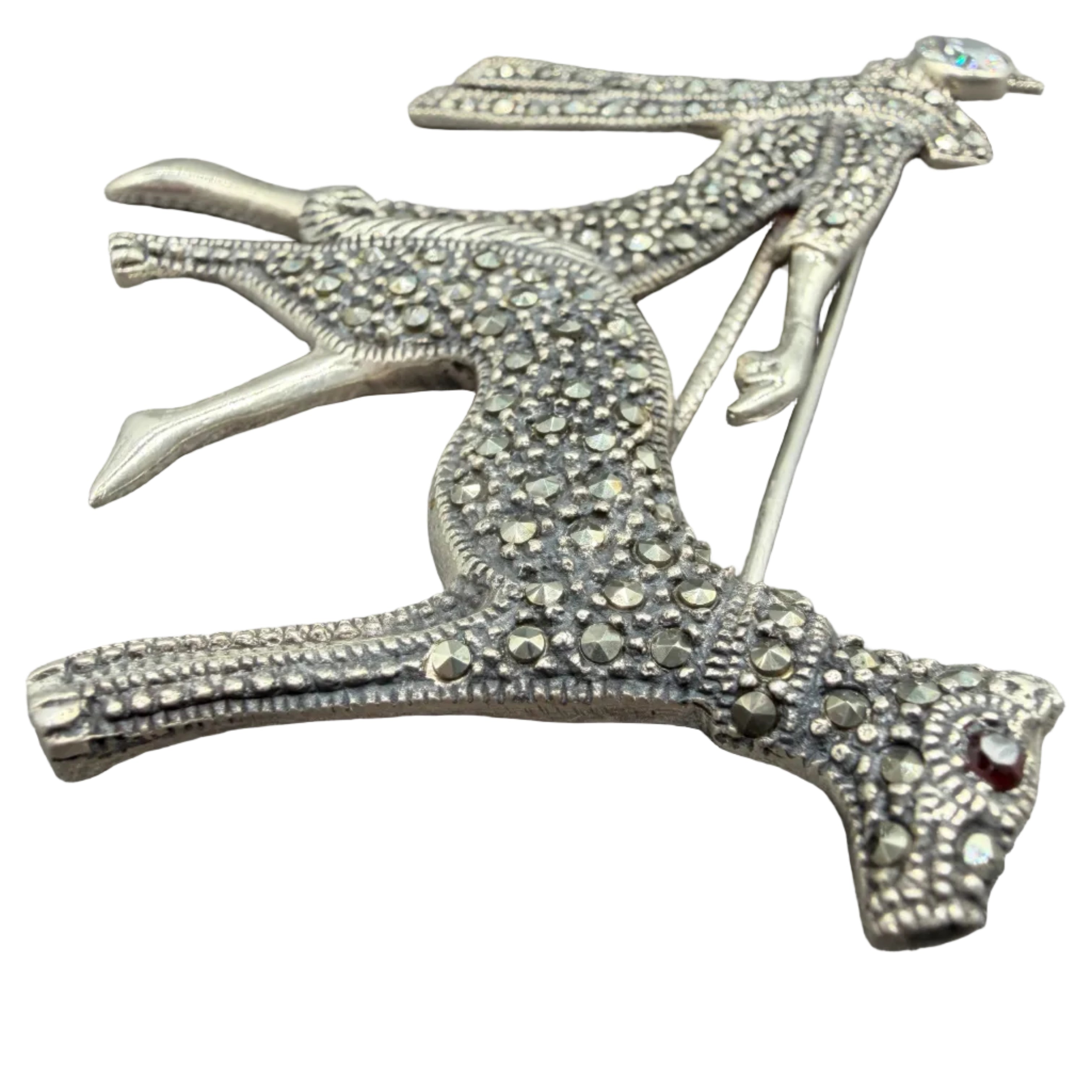 1940s Sterling Silver & Marcasite Art Deco Woman Walking Dog Brooch with Ruby Eye