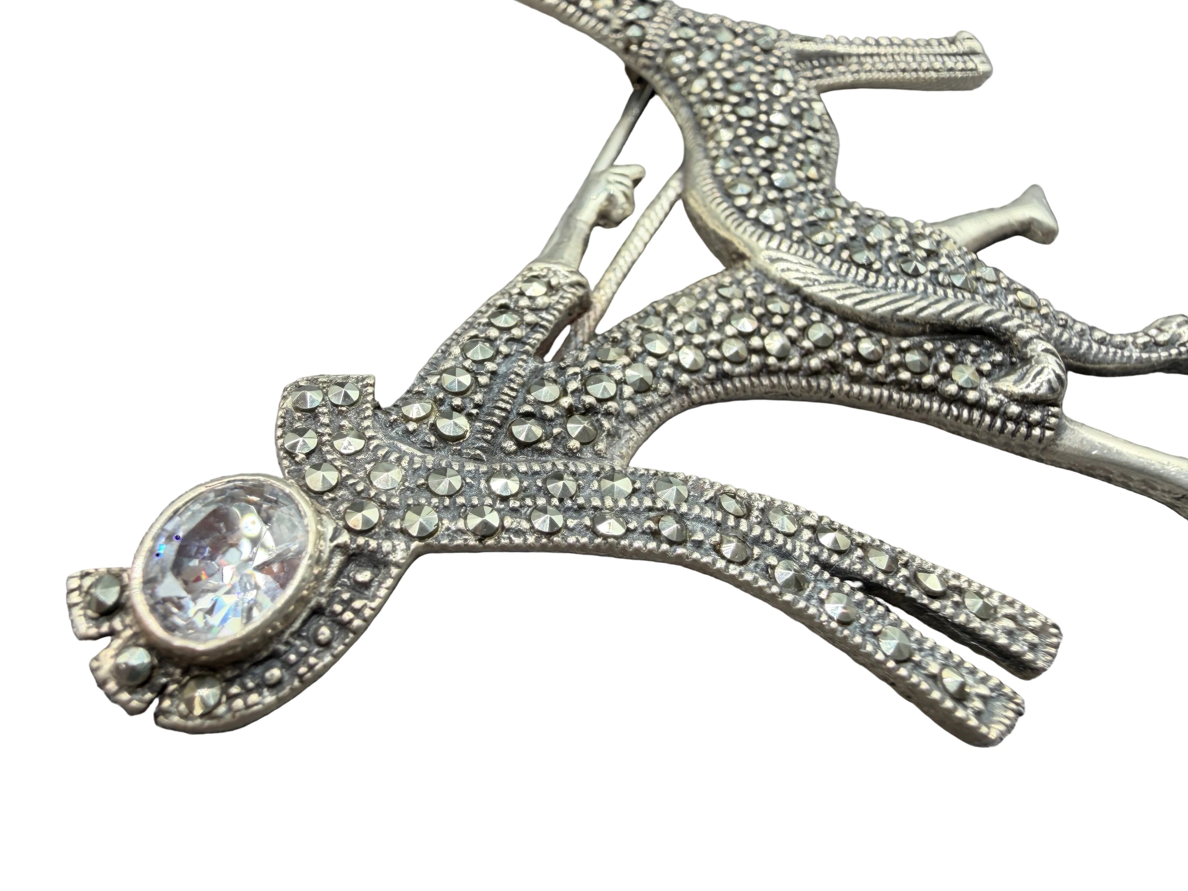 1940s Sterling Silver & Marcasite Art Deco Woman Walking Dog Brooch with Ruby Eye