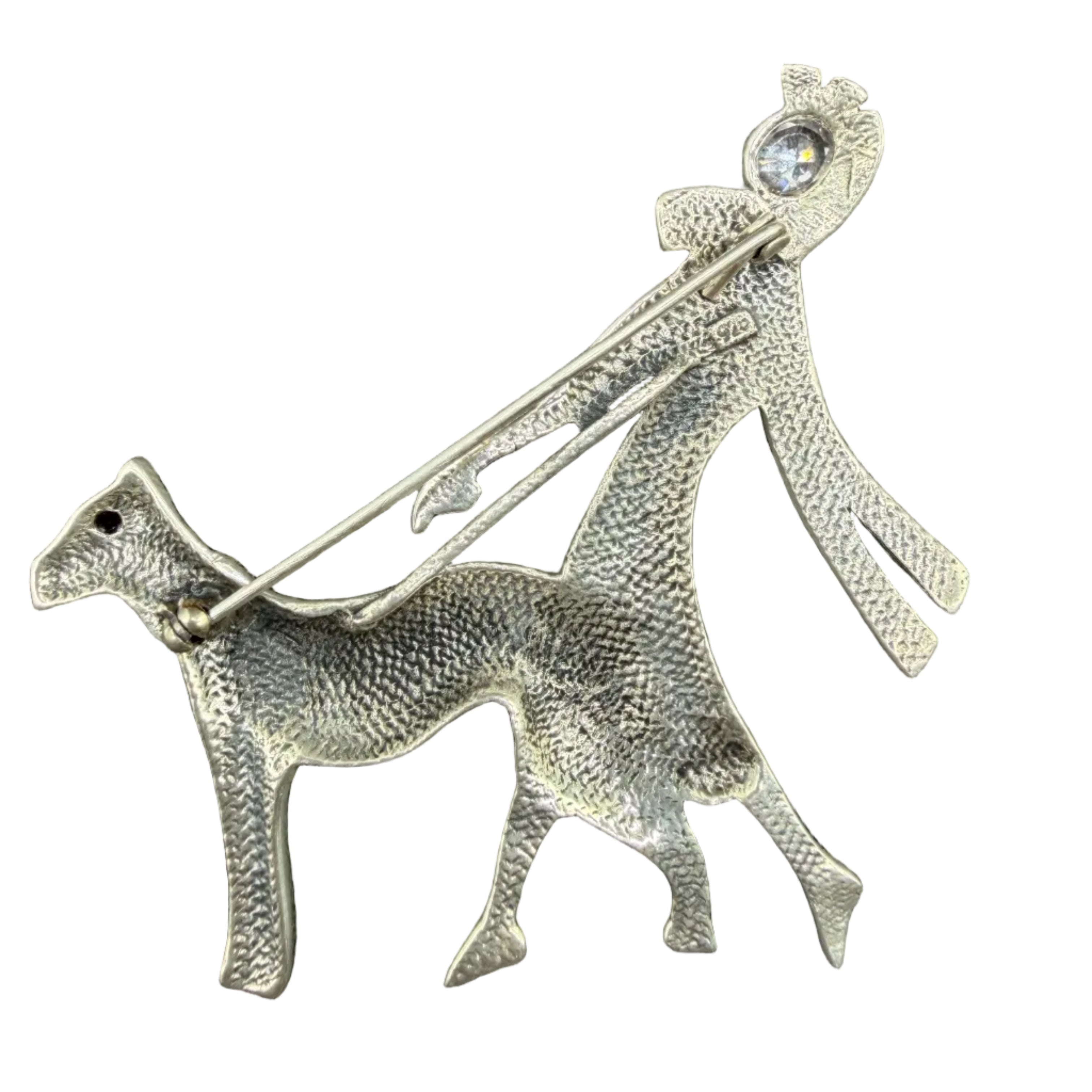 1940s Sterling Silver & Marcasite Art Deco Woman Walking Dog Brooch with Ruby Eye