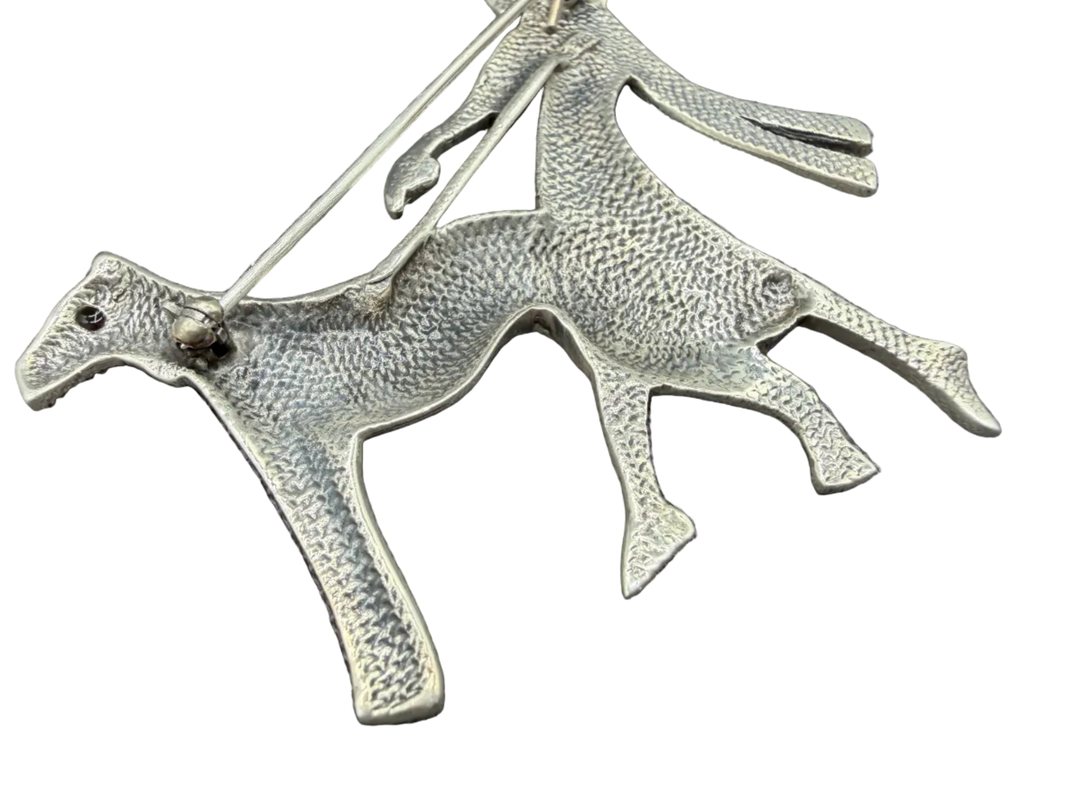 1940s Sterling Silver & Marcasite Art Deco Woman Walking Dog Brooch with Ruby Eye