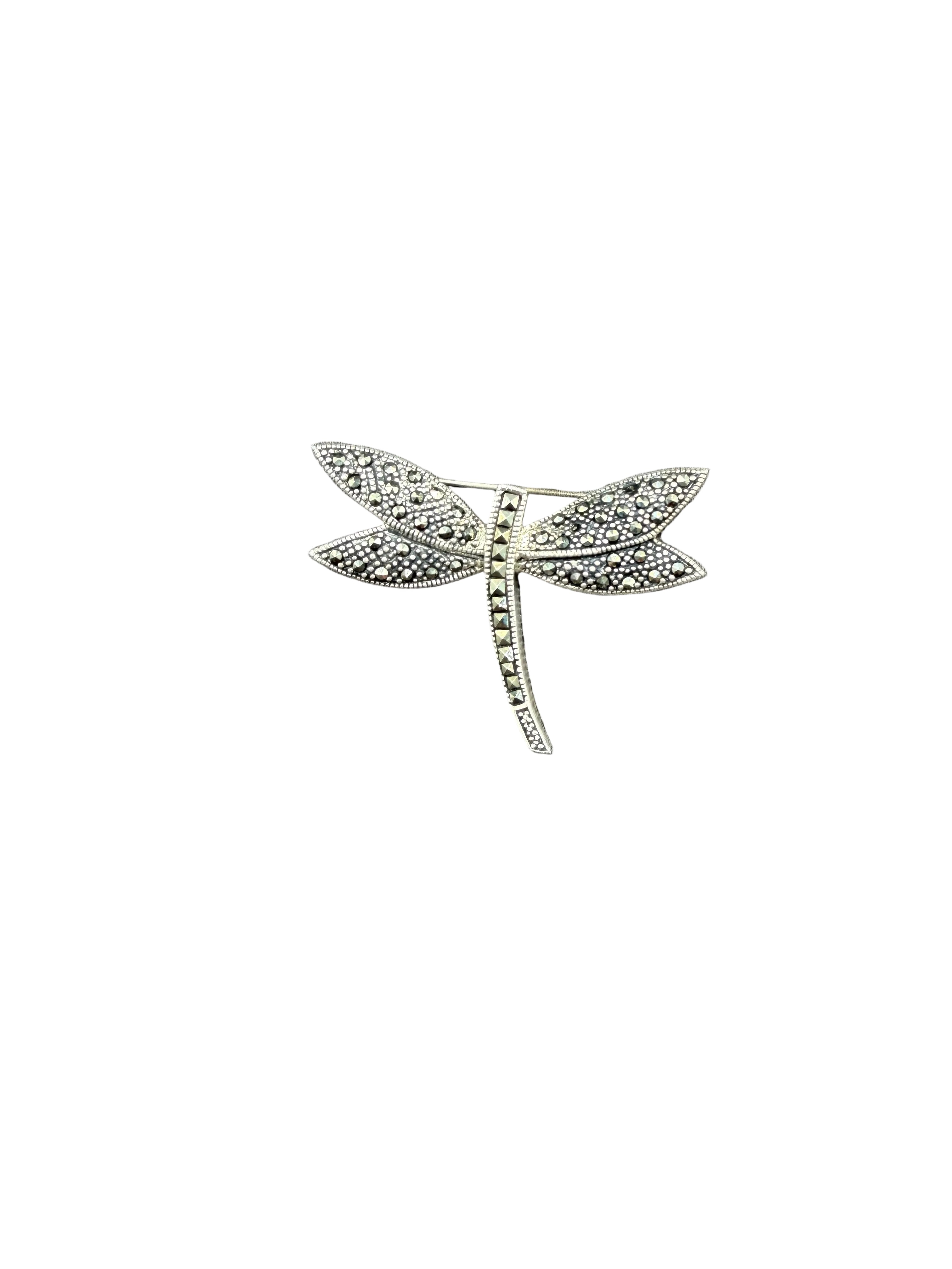 1980s Collins Fine Jewelry 925 Sterling Silver Marcasite Dragonfly Brooch