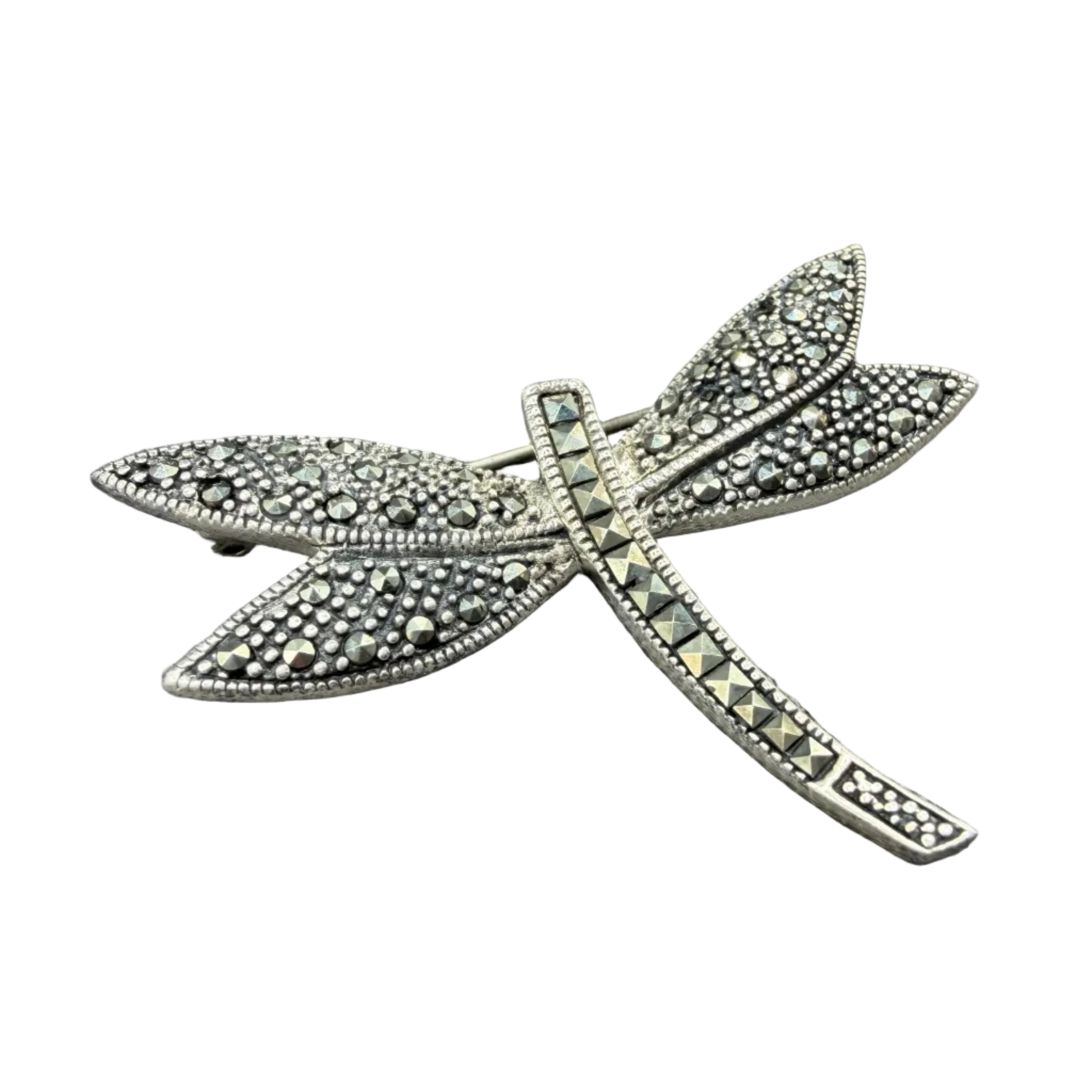 1980s Collins Fine Jewelry 925 Sterling Silver Marcasite Dragonfly Brooch