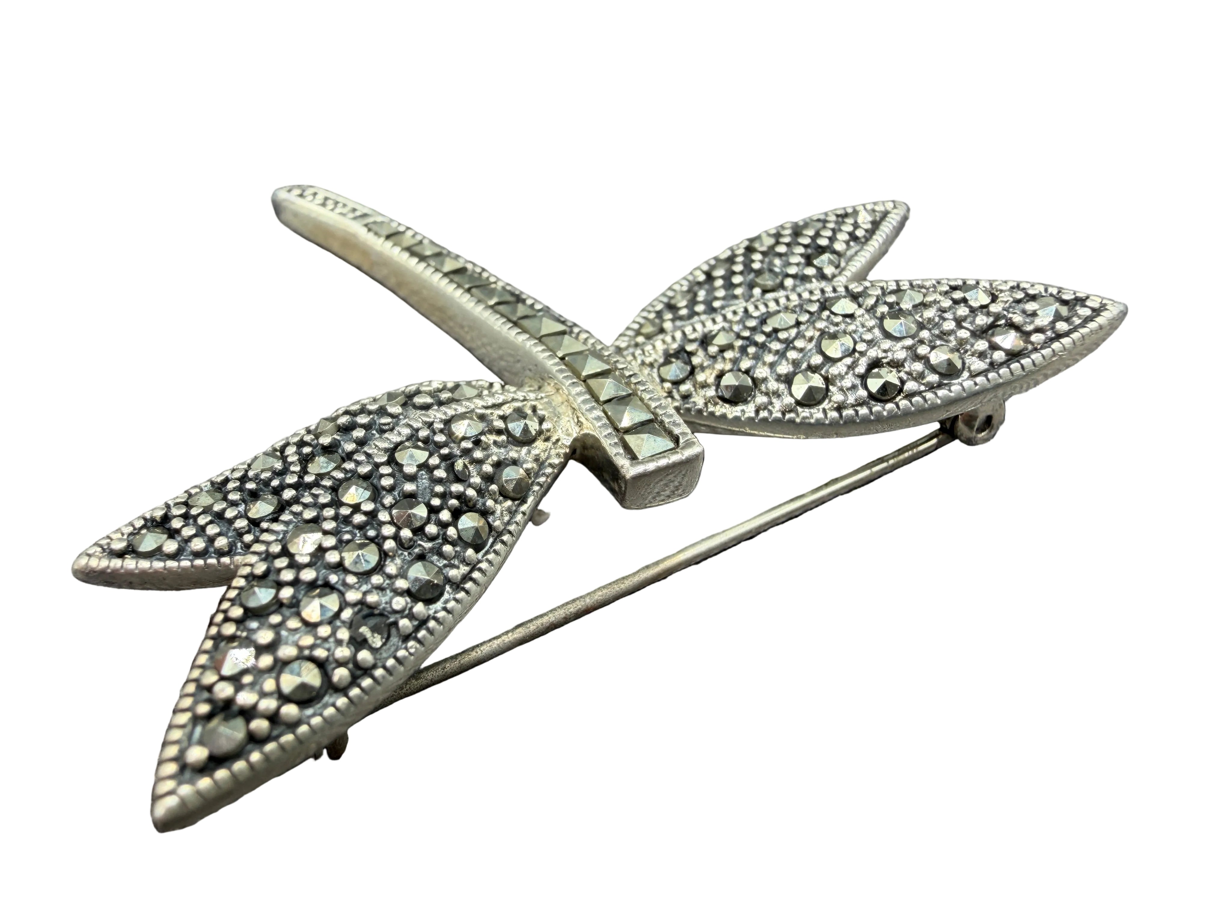 1980s Collins Fine Jewelry 925 Sterling Silver Marcasite Dragonfly Brooch