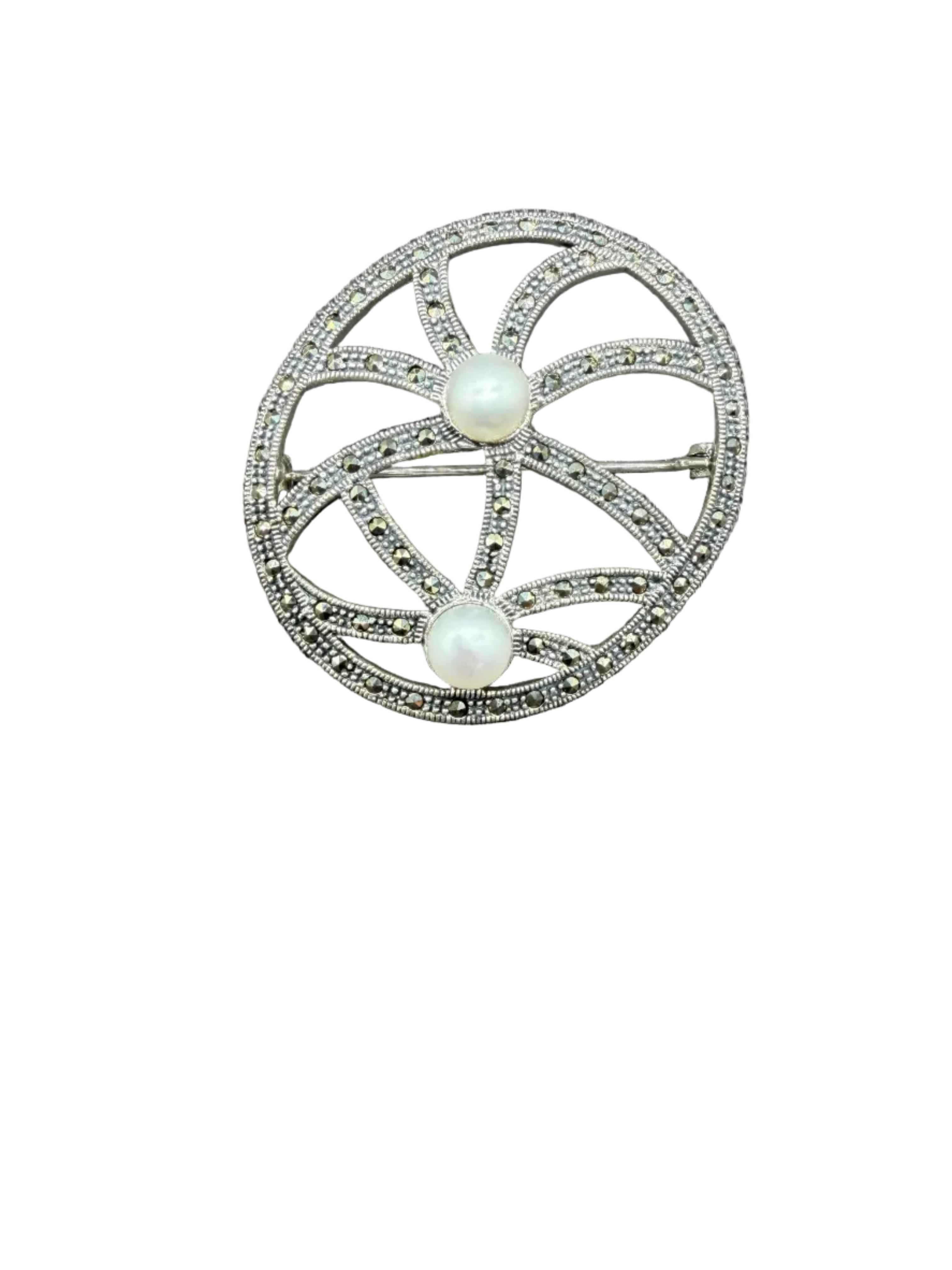 1950s Sterling Silver Openwork Brooch with Marcasite & Genuine Pearls