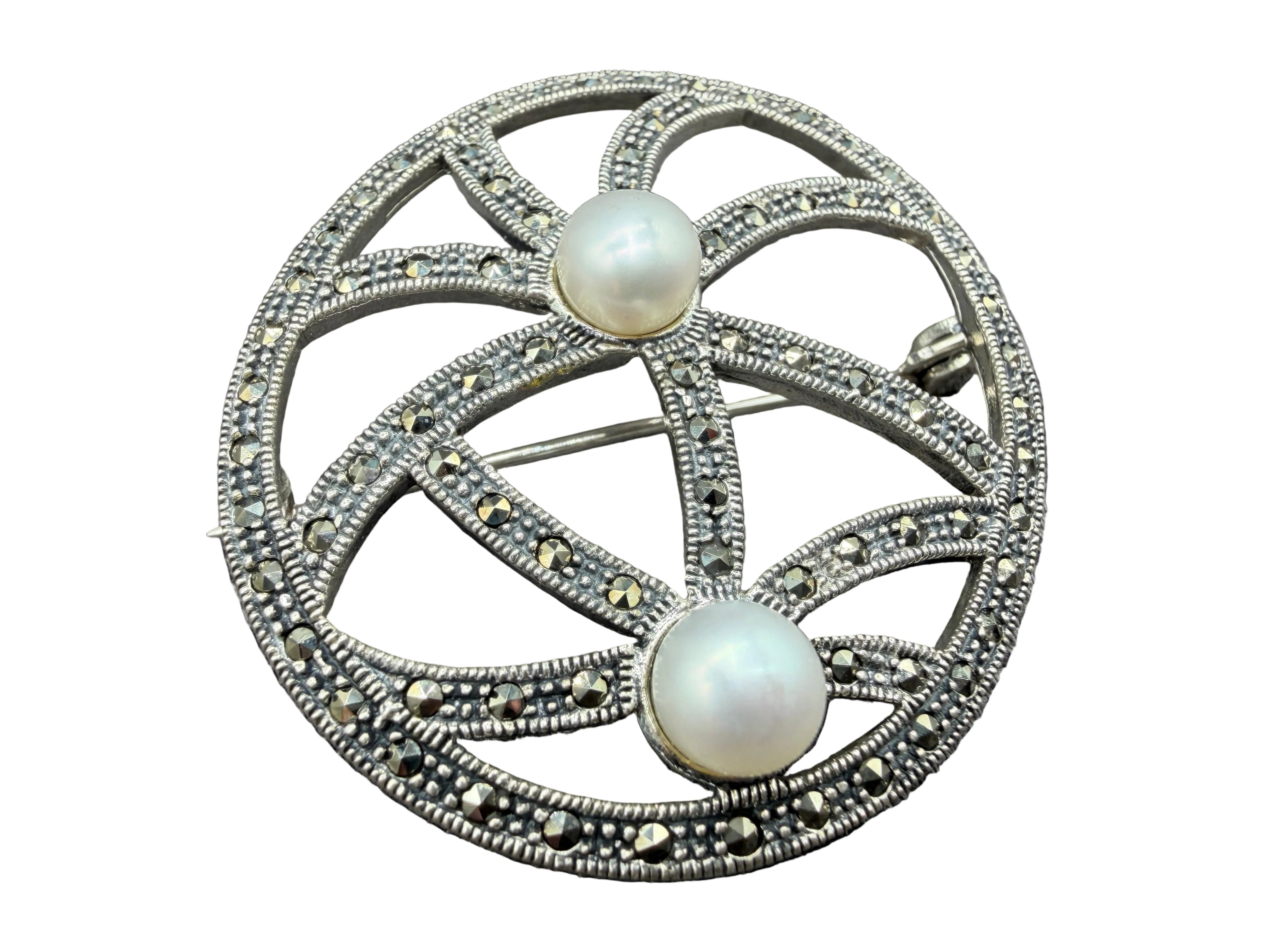 1950s Sterling Silver Openwork Brooch with Marcasite & Genuine Pearls