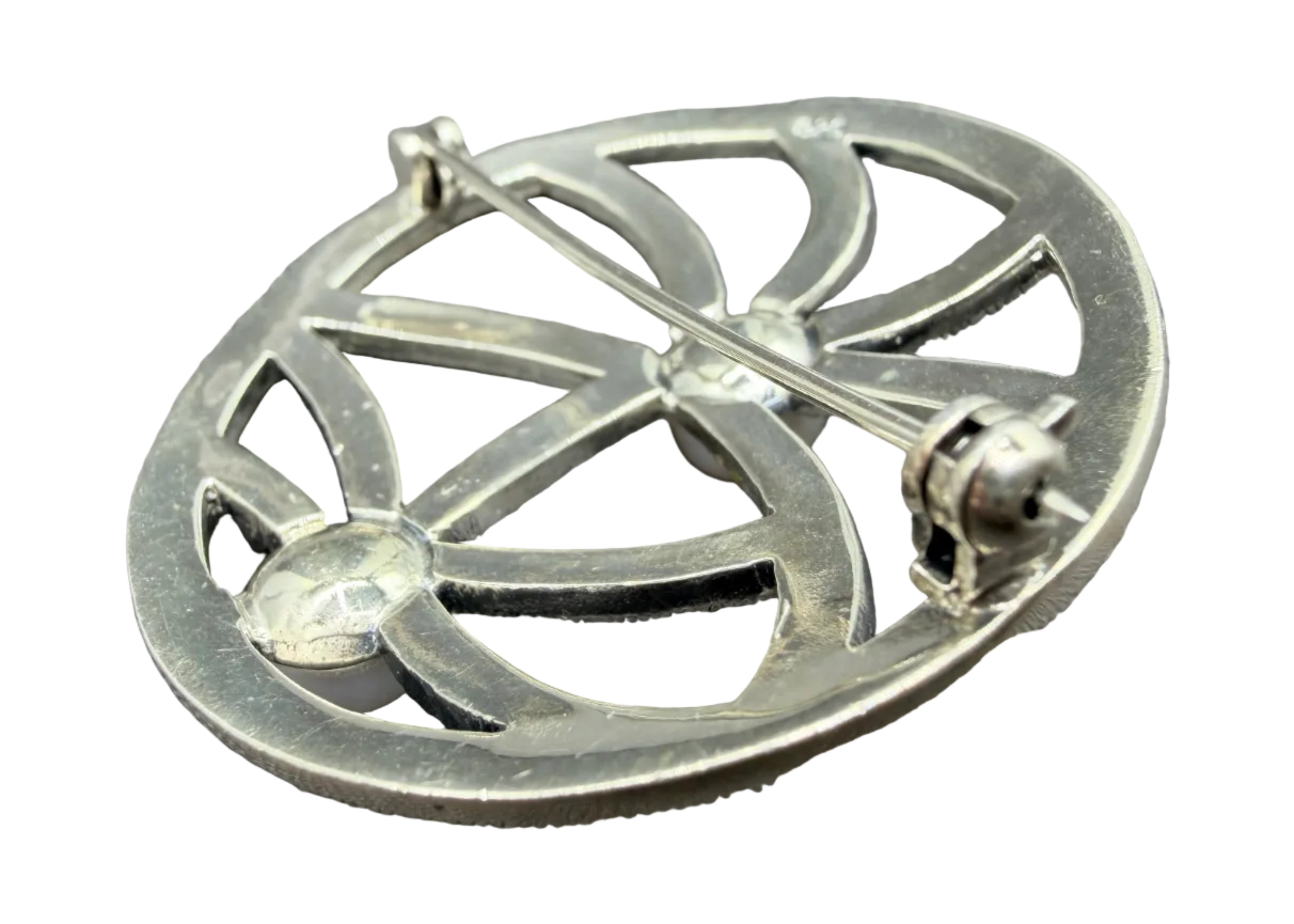 1950s Sterling Silver Openwork Brooch with Marcasite & Genuine Pearls