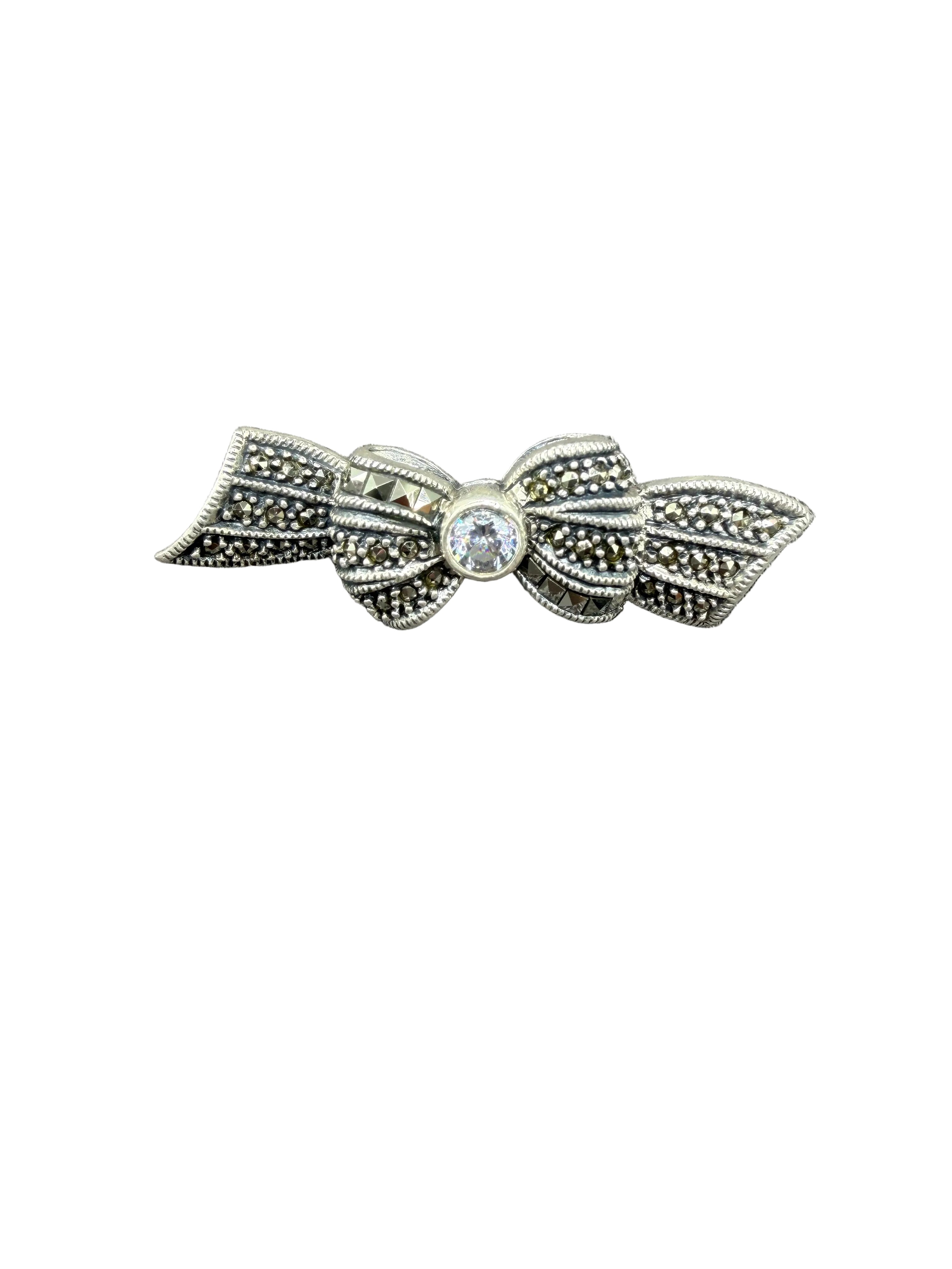 1960s Judith Jack Sterling Silver Bow Brooch with Marcasite & Crystal