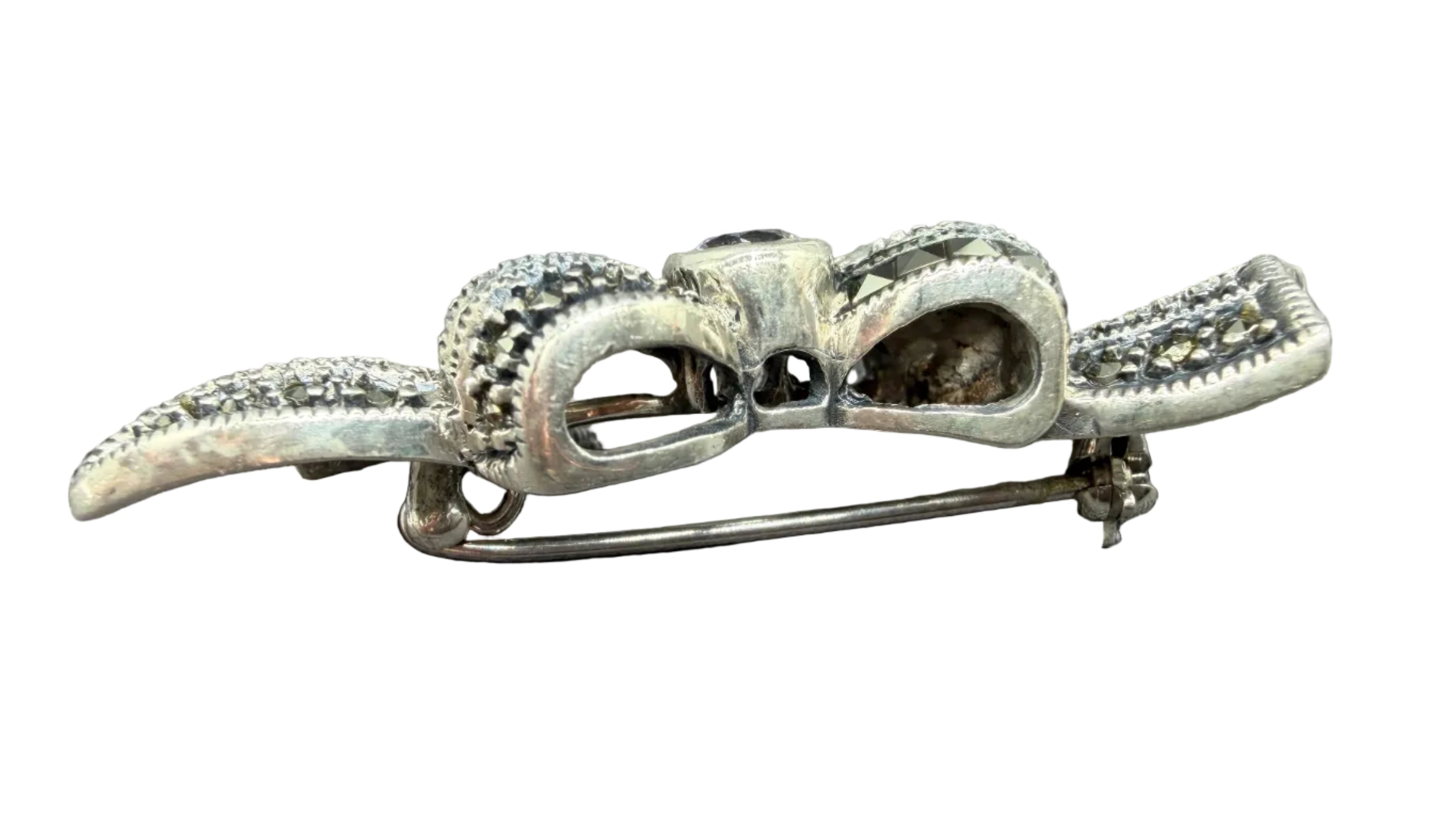 1960s Judith Jack Sterling Silver Bow Brooch with Marcasite & Crystal