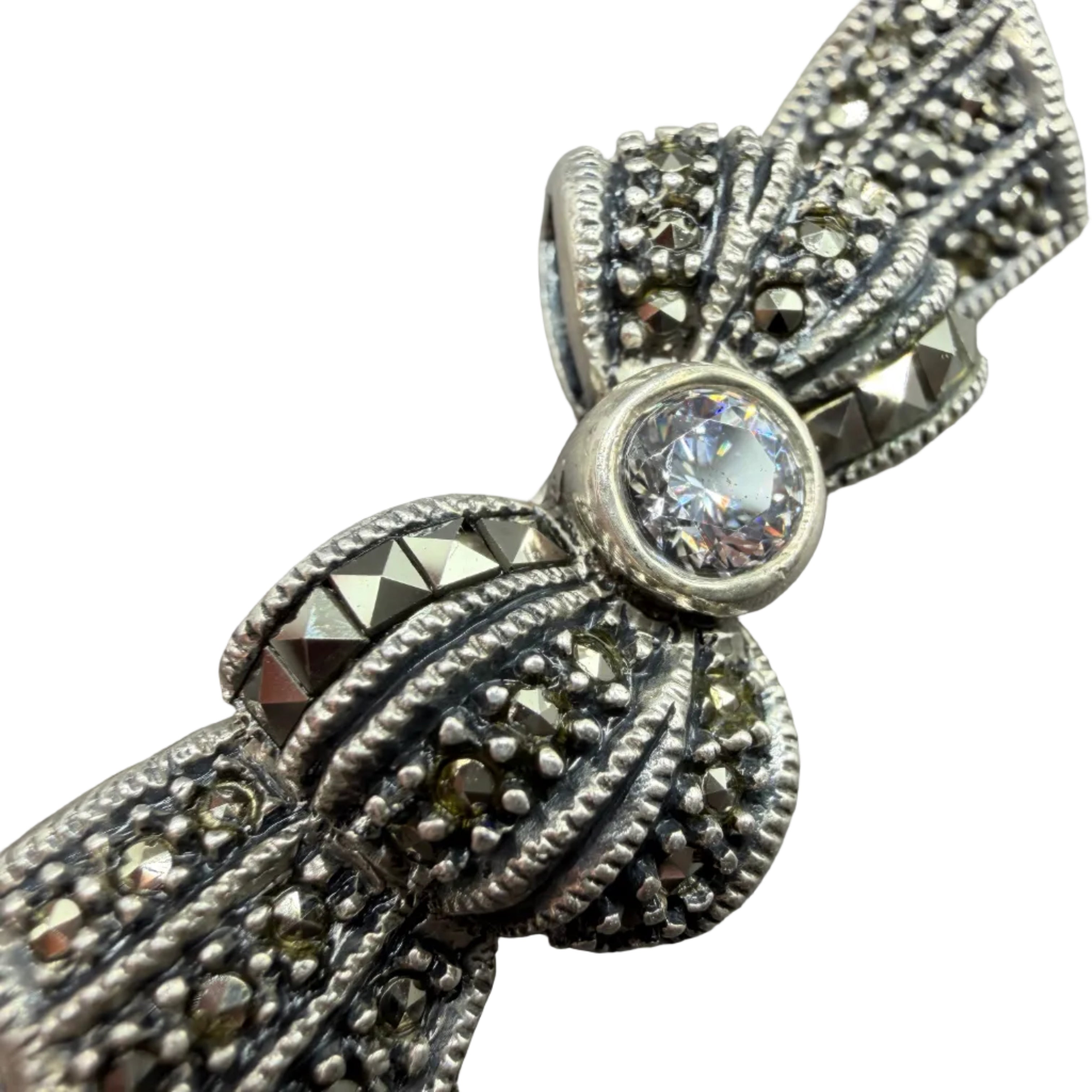 1960s Judith Jack Sterling Silver Bow Brooch with Marcasite & Crystal