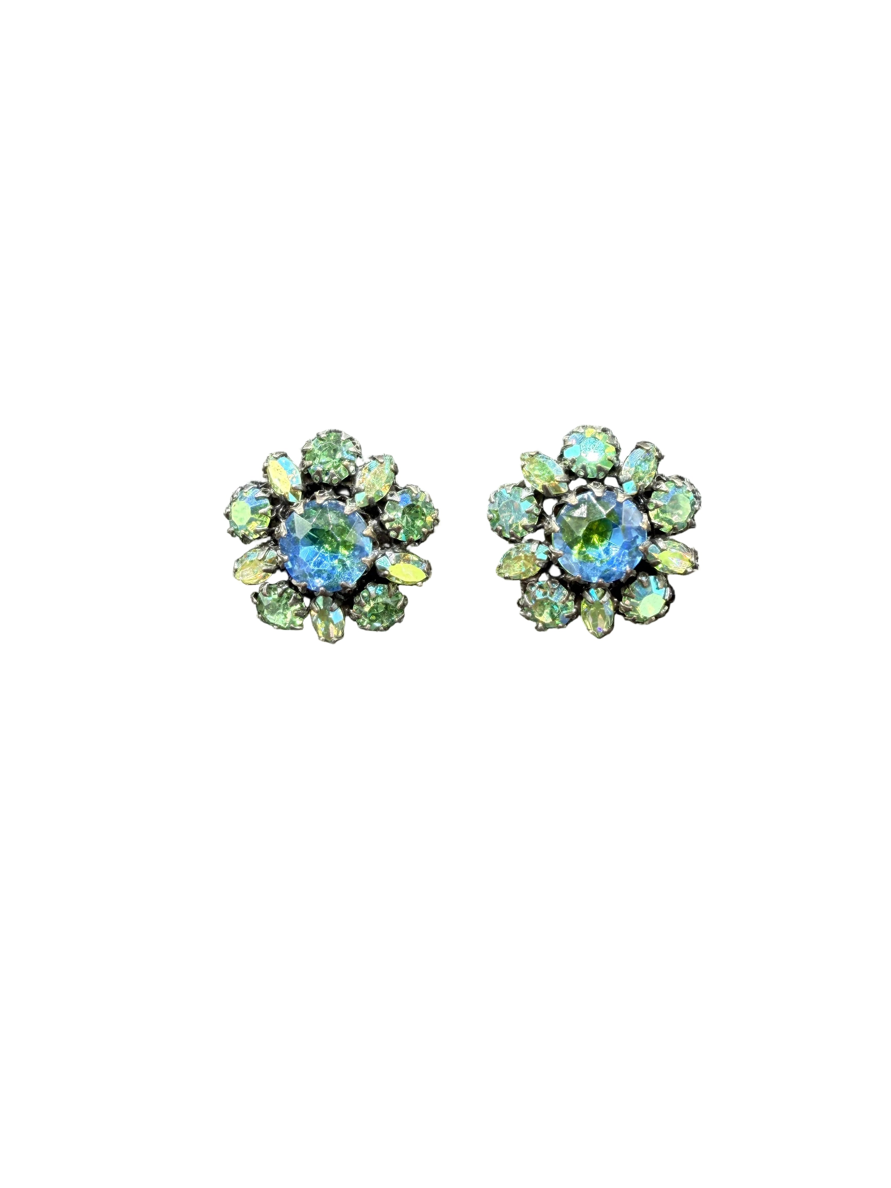 1950s Green Aurora Borealis Rhinestone Cluster Clip Earrings