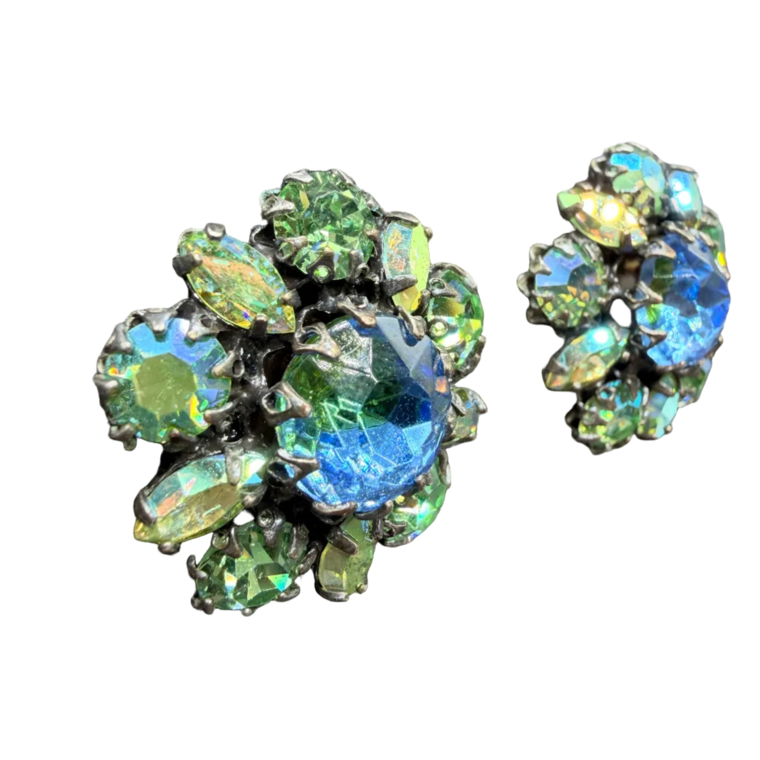 1950s Green Aurora Borealis Rhinestone Cluster Clip Earrings