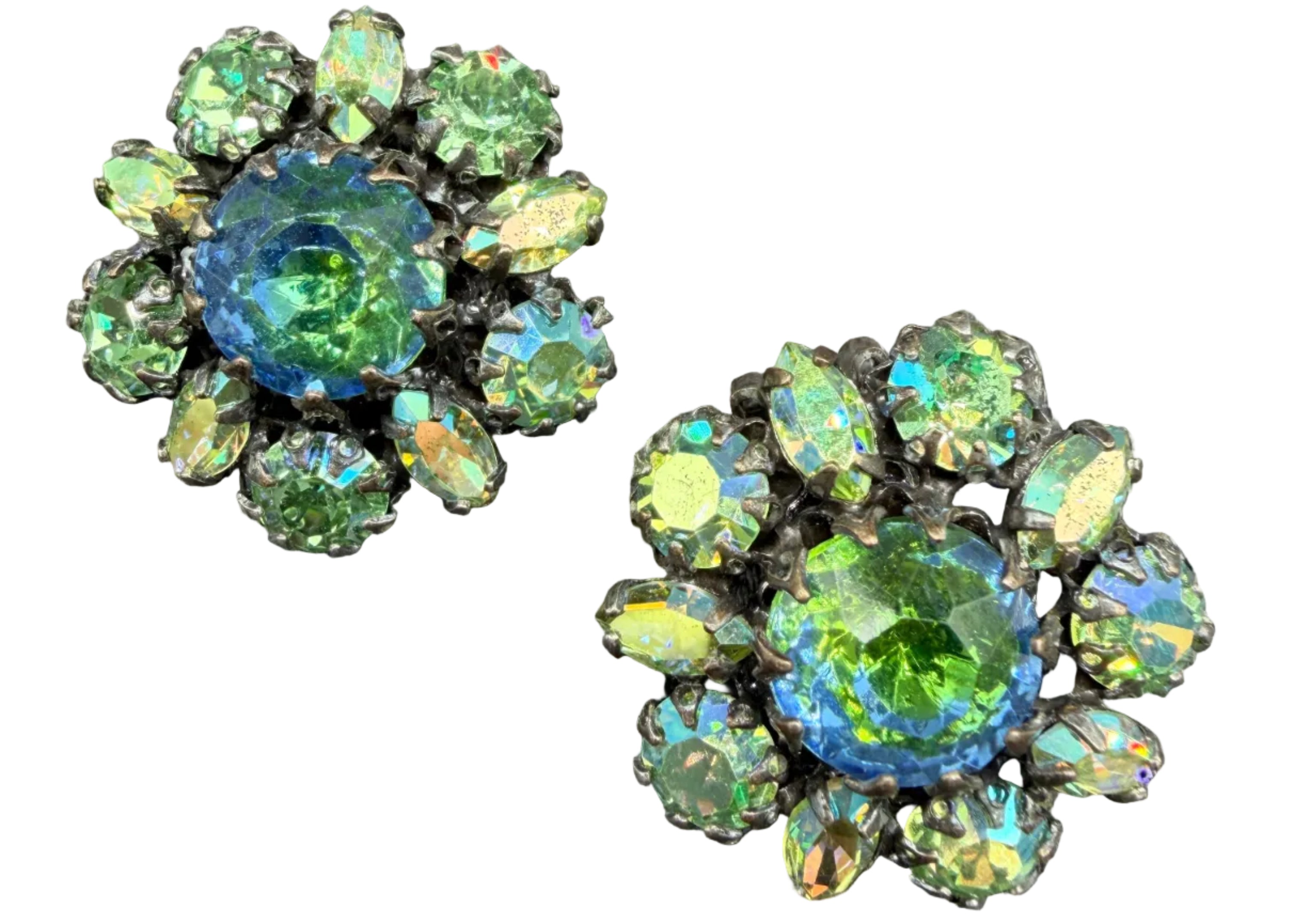 1950s Green Aurora Borealis Rhinestone Cluster Clip Earrings
