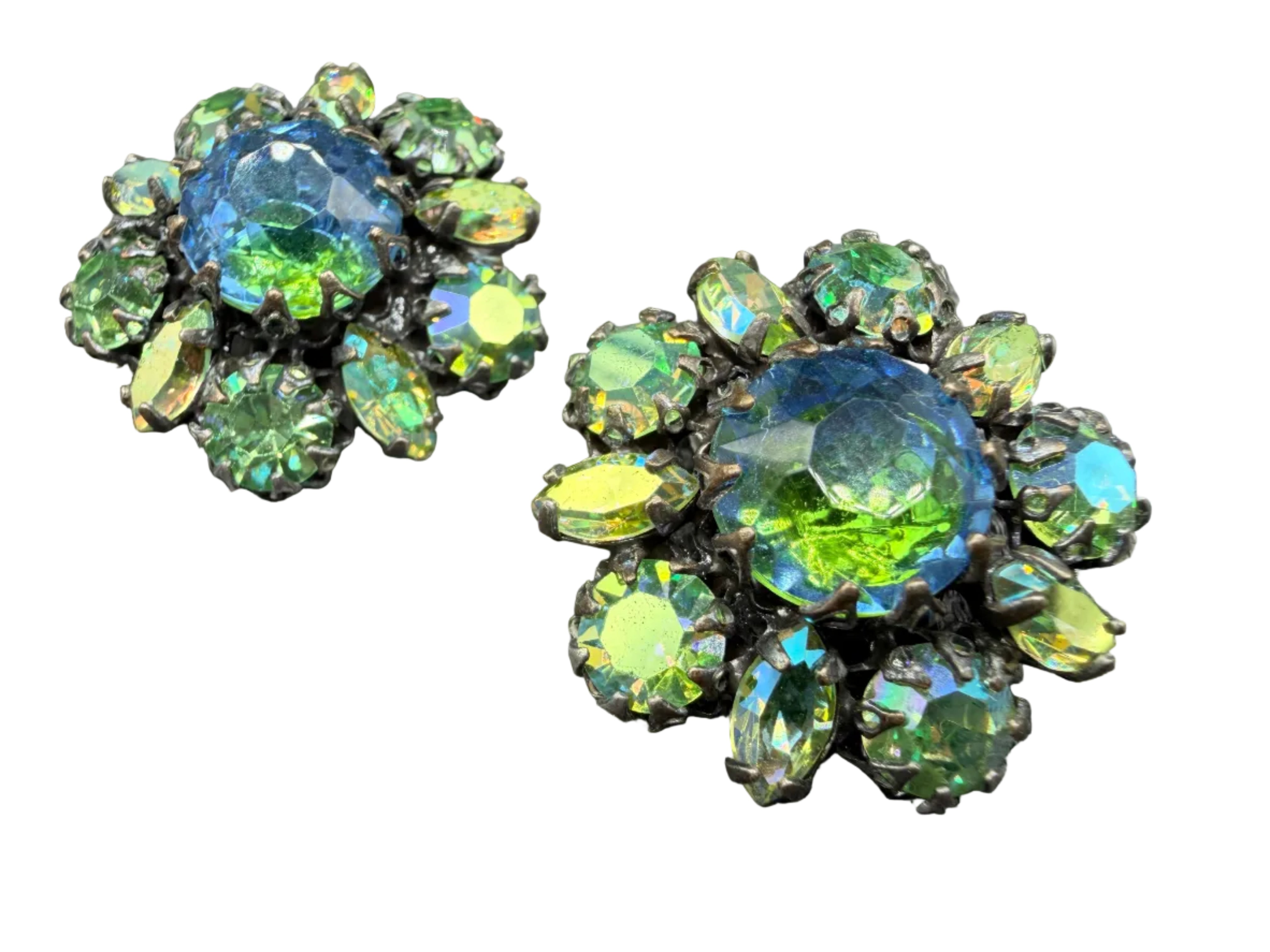 1950s Green Aurora Borealis Rhinestone Cluster Clip Earrings