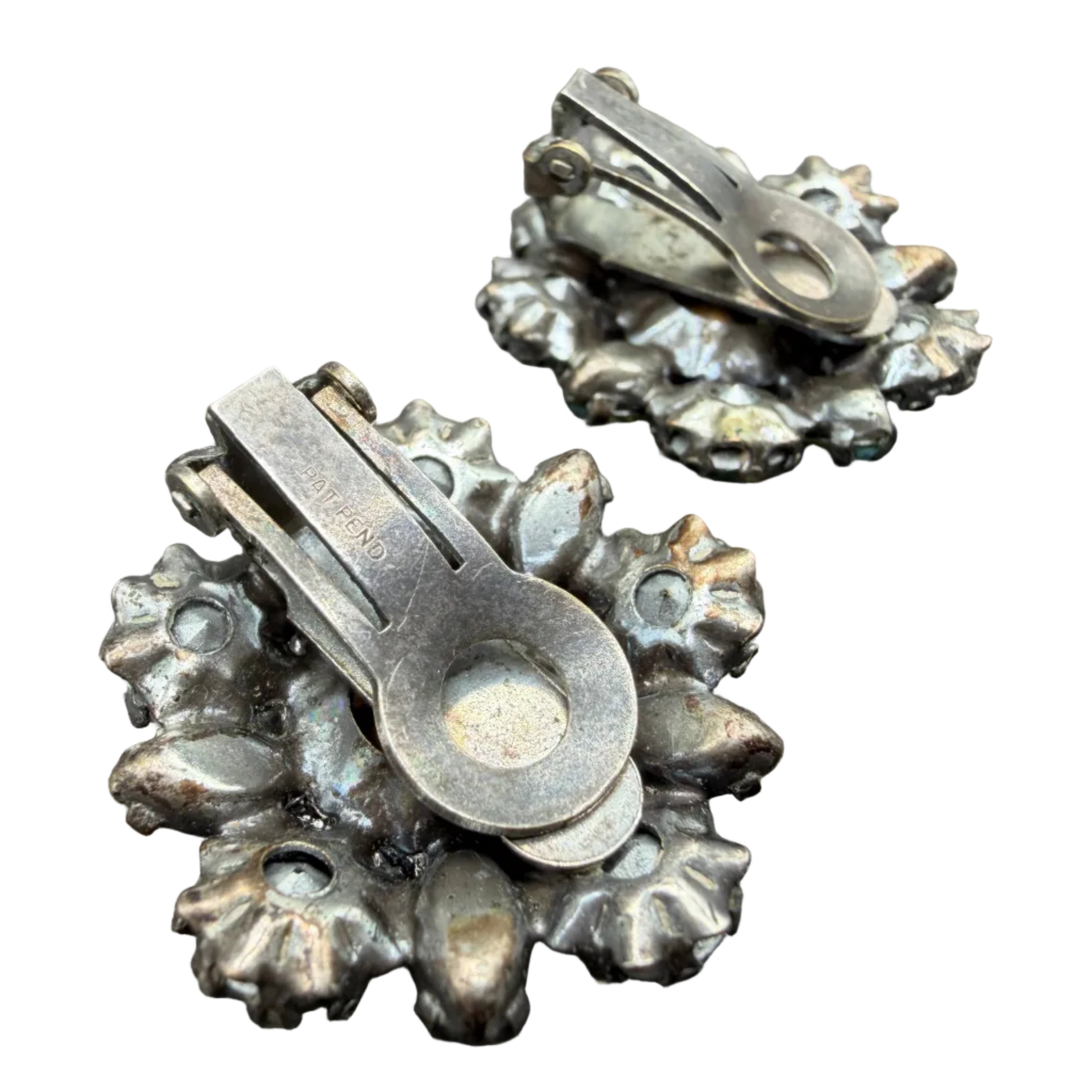 1950s Green Aurora Borealis Rhinestone Cluster Clip Earrings