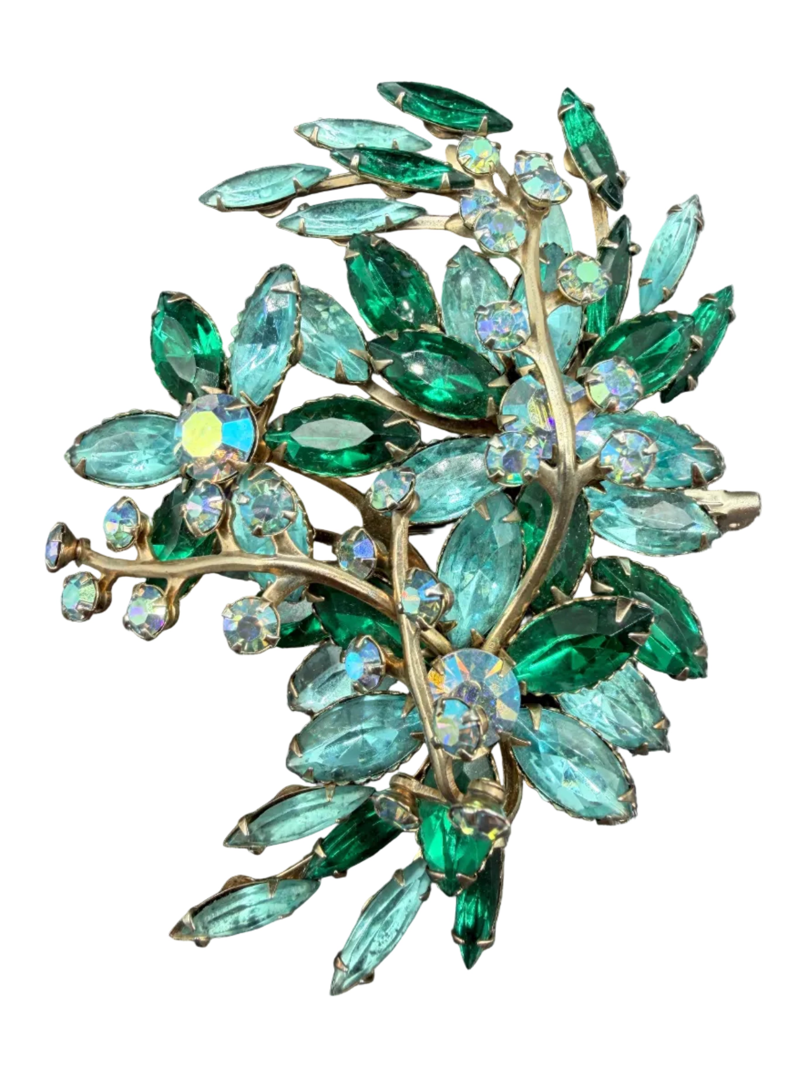 1950s Tiered Green & Aqua Rhinestone Statement Brooch