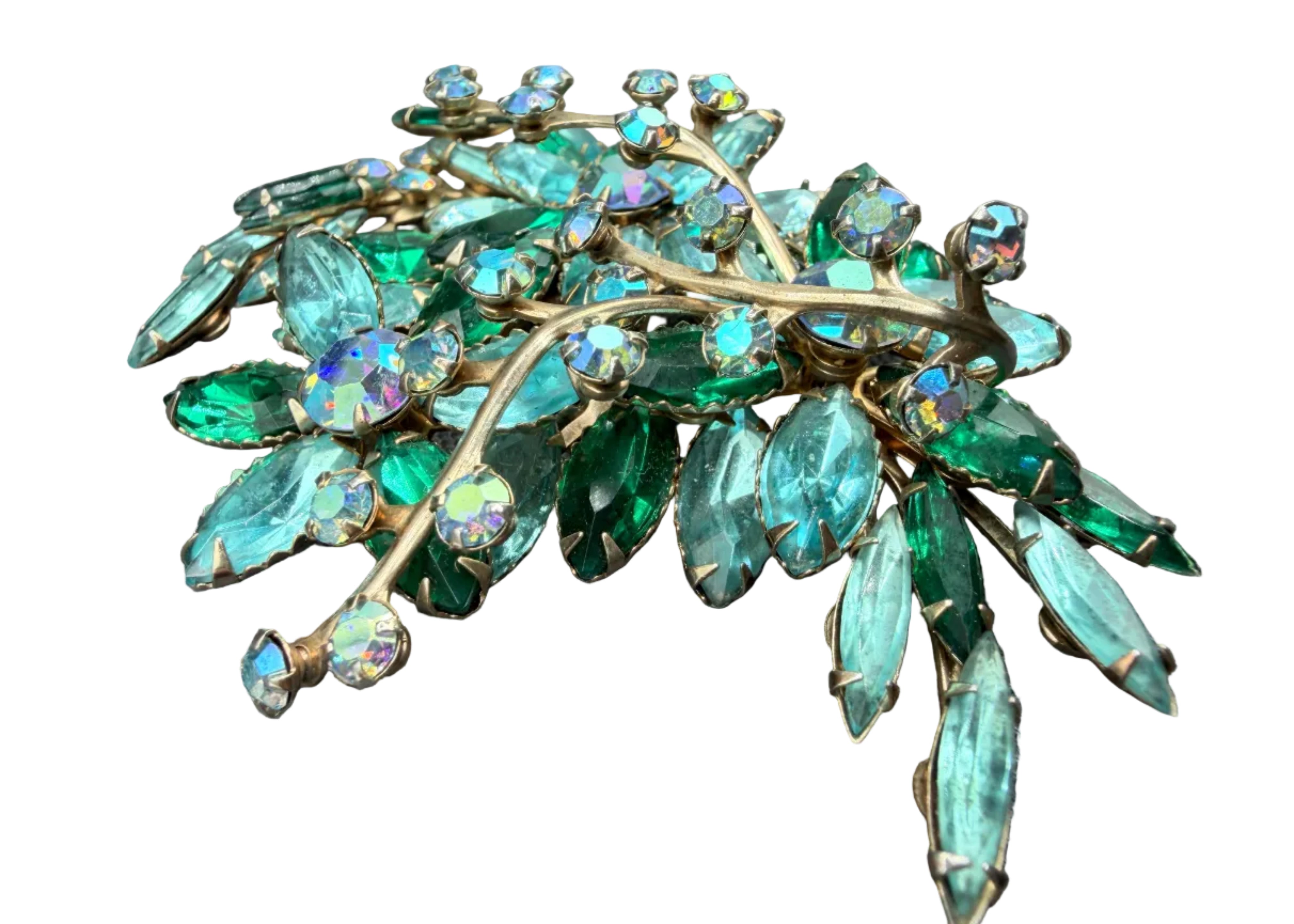 1950s Tiered Green & Aqua Rhinestone Statement Brooch