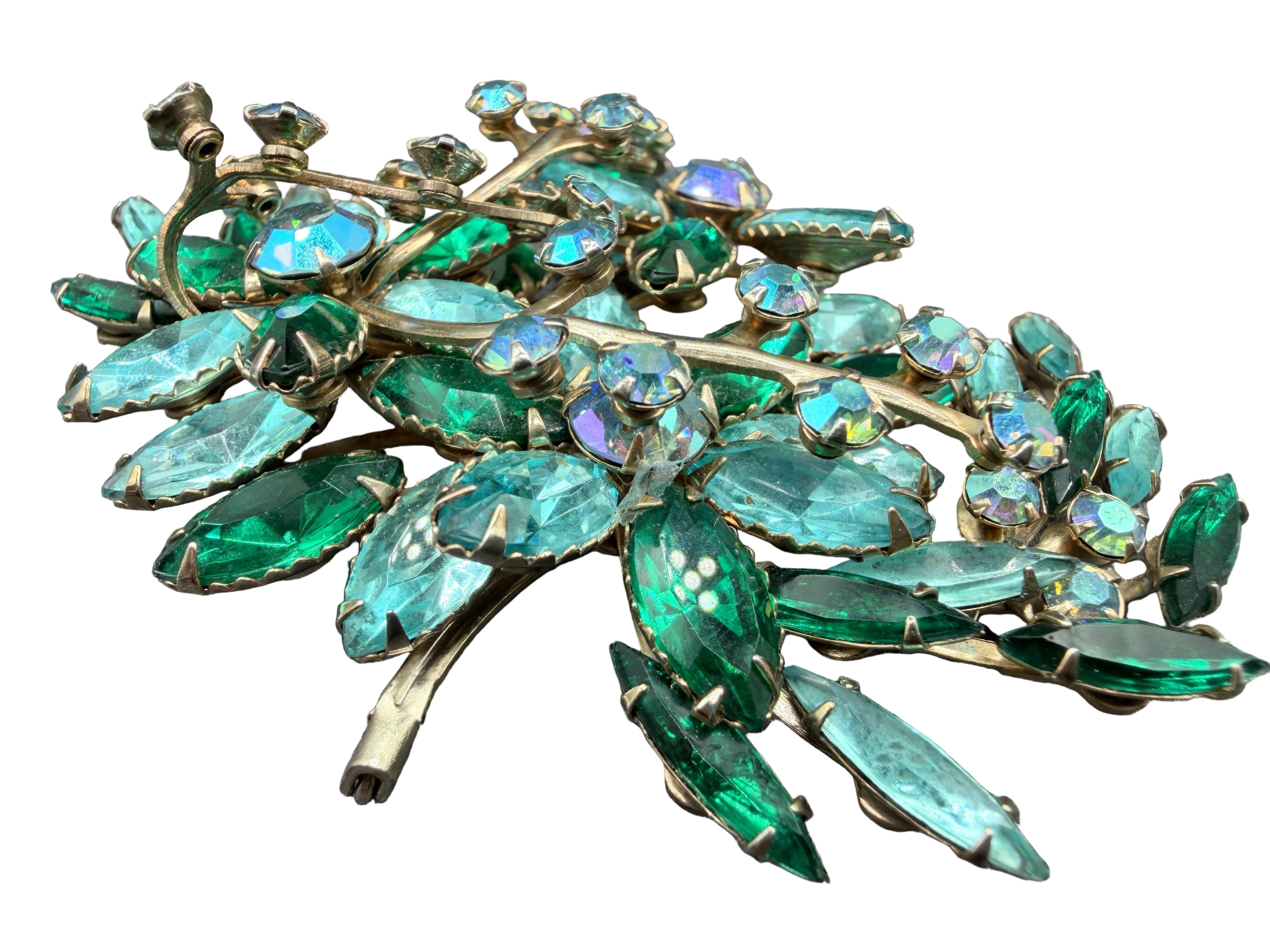 1950s Tiered Green & Aqua Rhinestone Statement Brooch