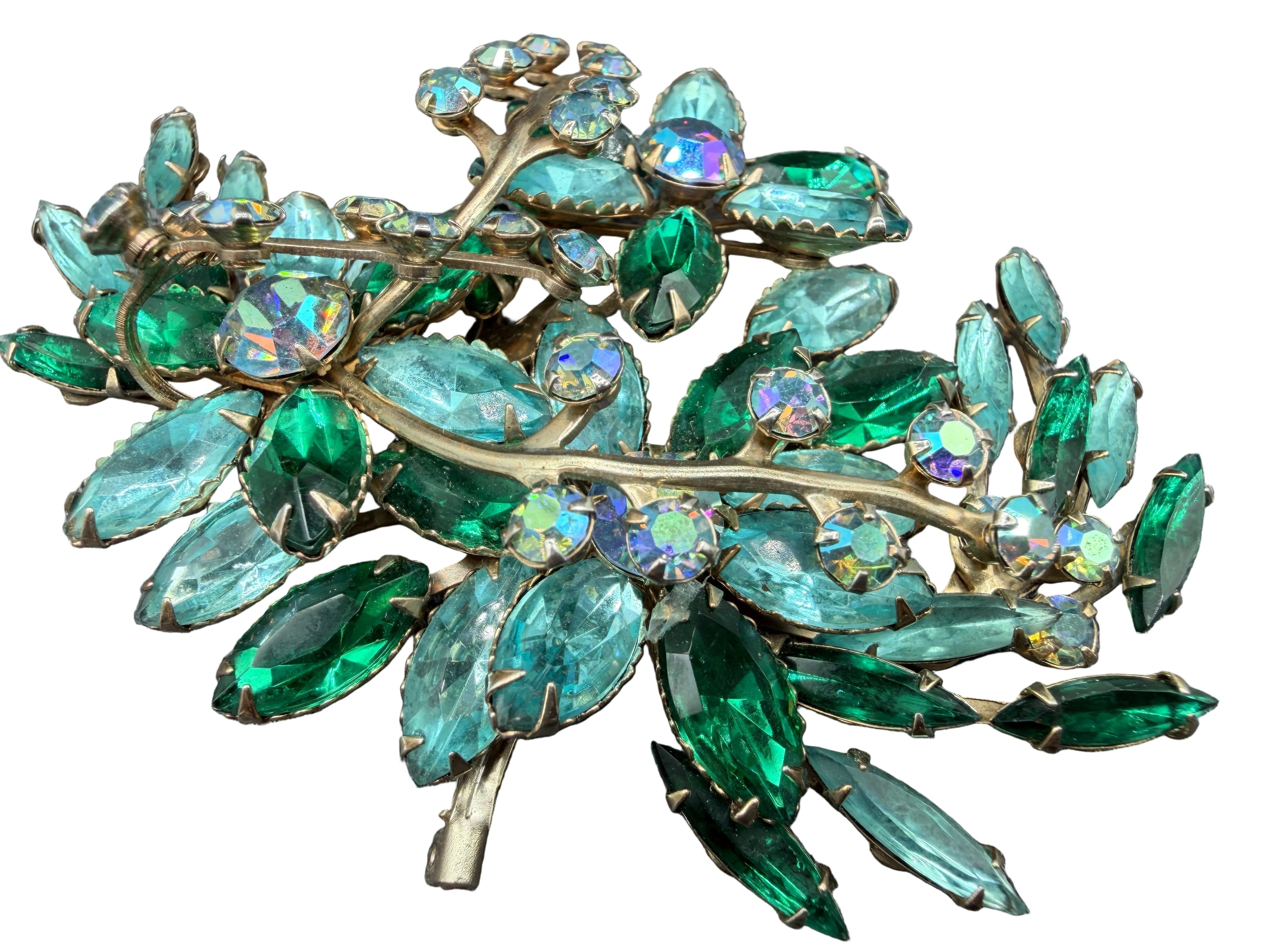 1950s Tiered Green & Aqua Rhinestone Statement Brooch