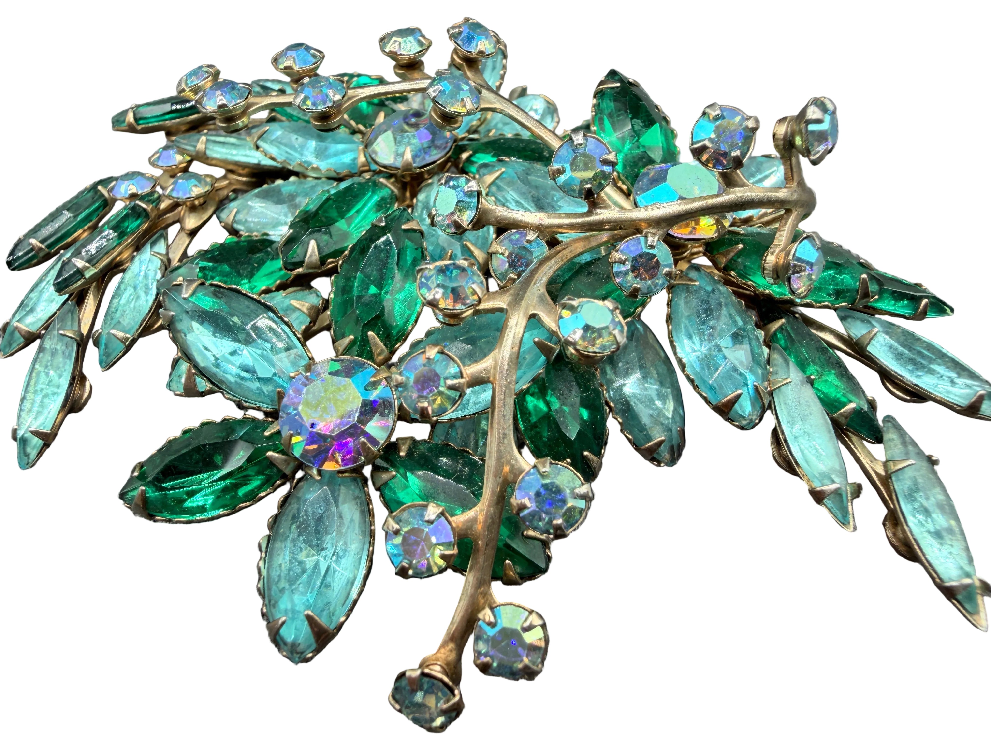 1950s Tiered Green & Aqua Rhinestone Statement Brooch