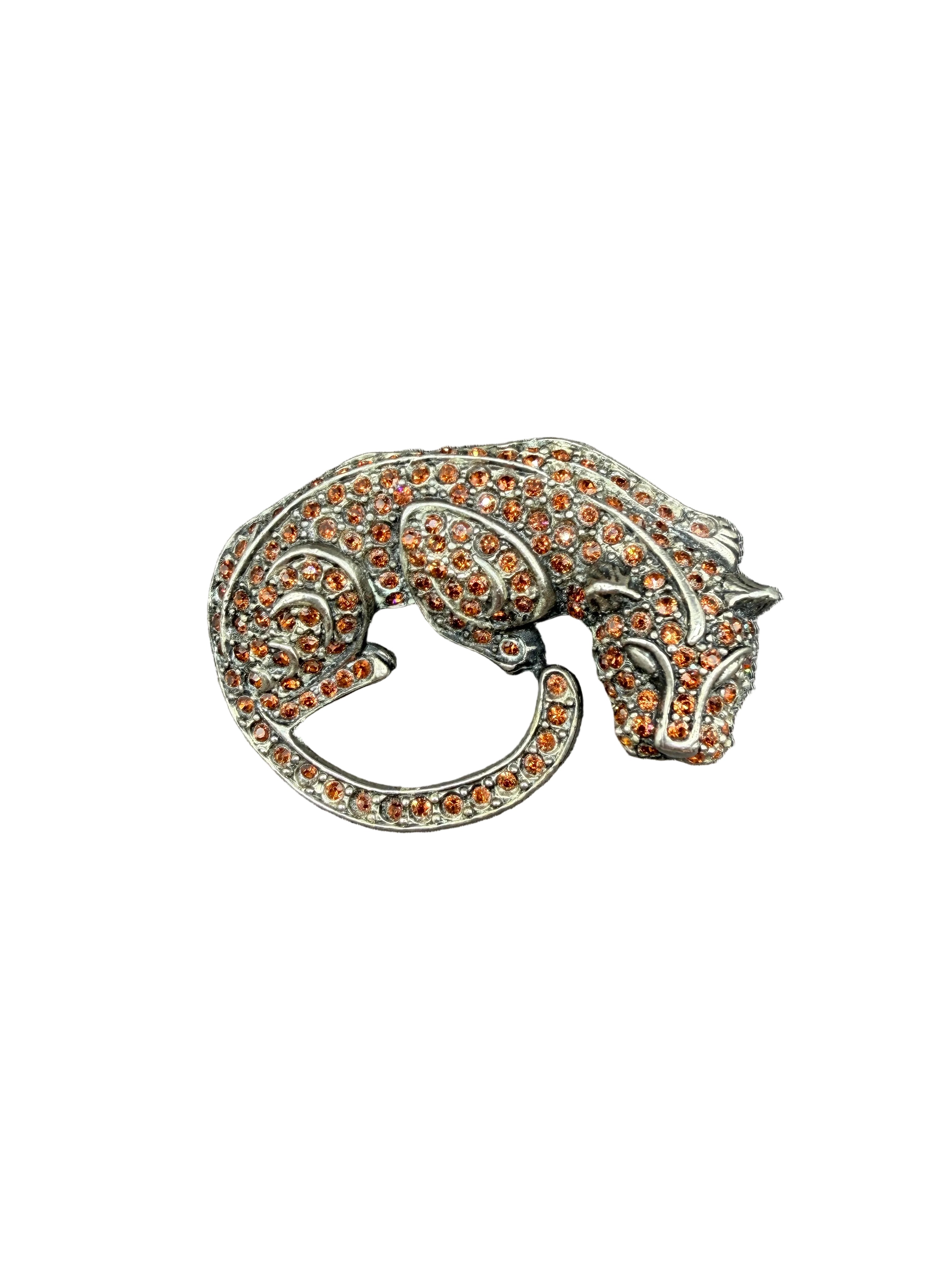 1980s Danny Pollak Silver-Tone Curled Panther Brooch with Amber Pavé Rhinestones