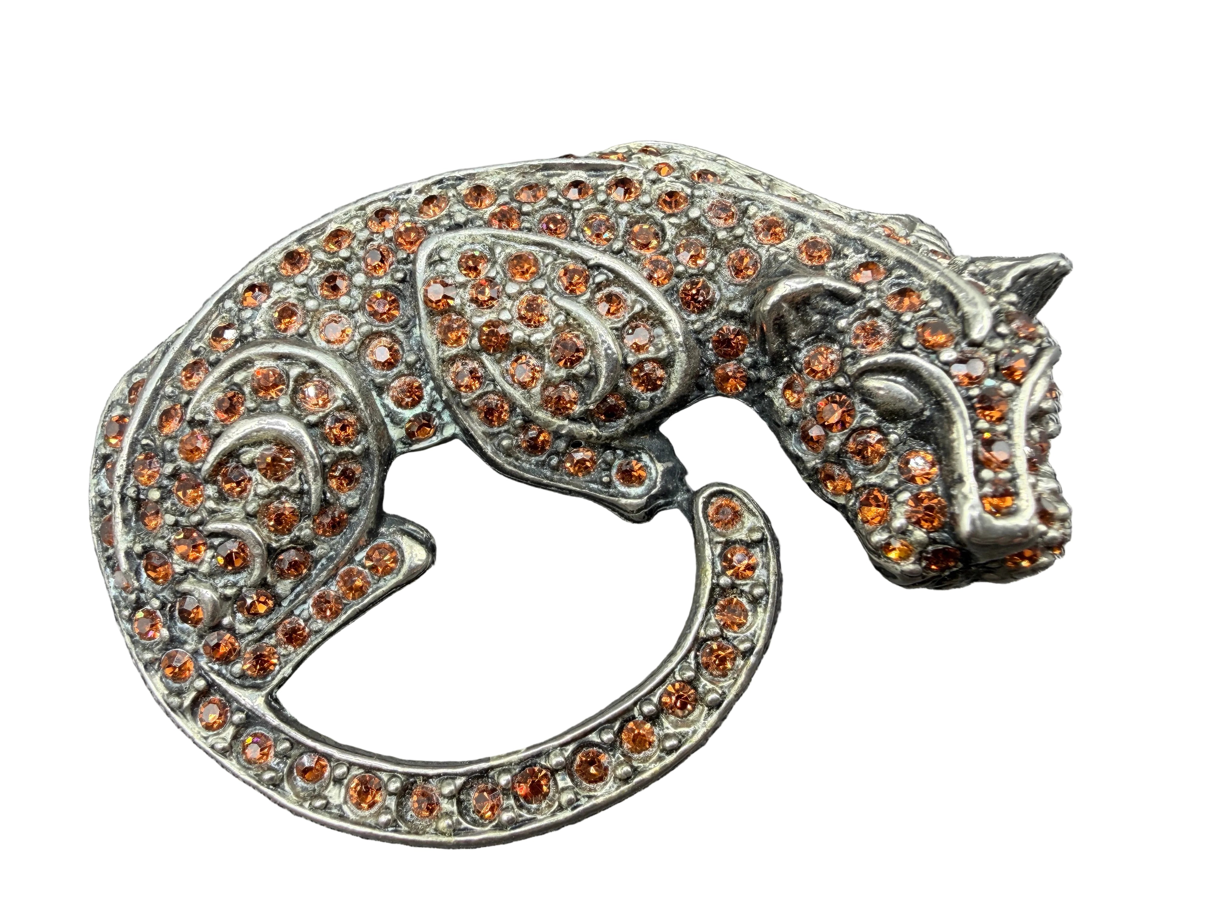 1980s Danny Pollak Silver-Tone Curled Panther Brooch with Amber Pavé Rhinestones