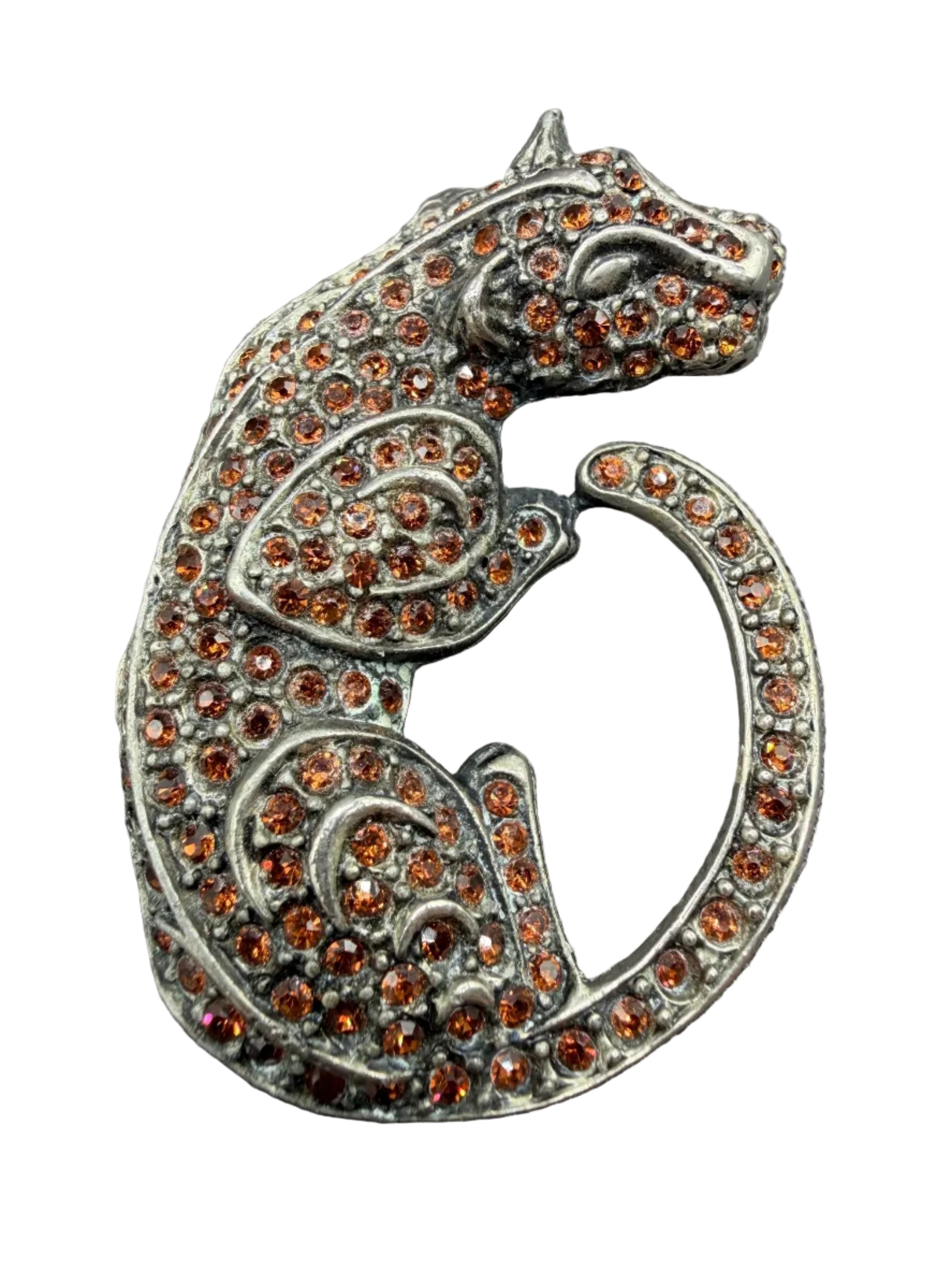 1980s Danny Pollak Silver-Tone Curled Panther Brooch with Amber Pavé Rhinestones