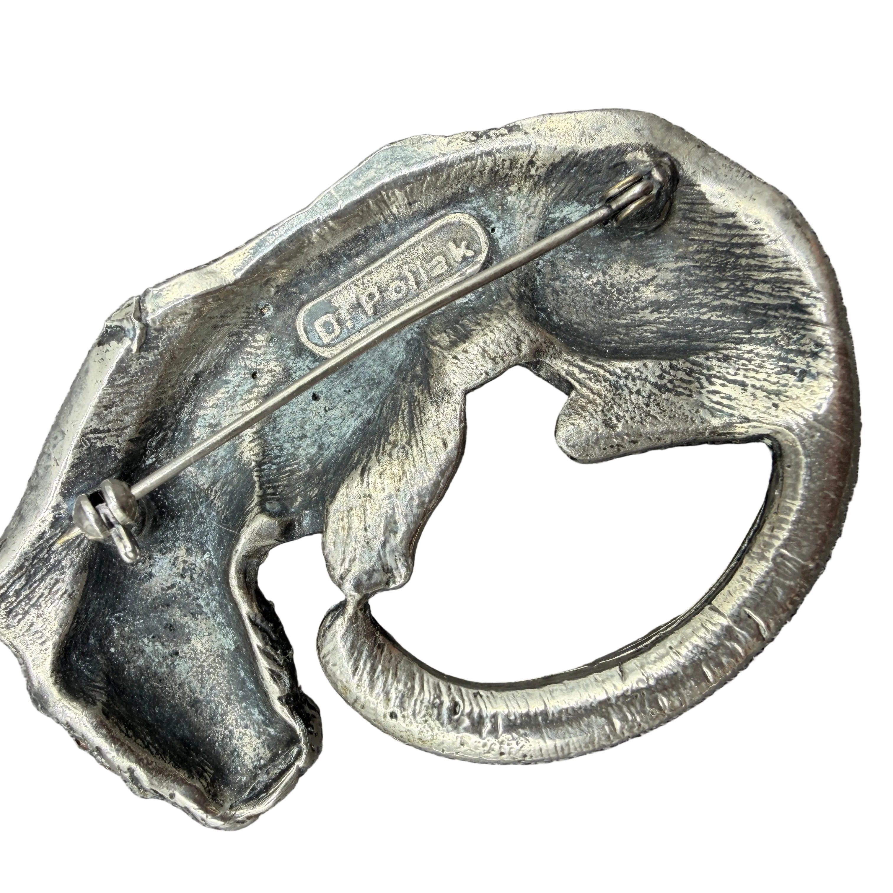 1980s Danny Pollak Silver-Tone Curled Panther Brooch with Amber Pavé Rhinestones