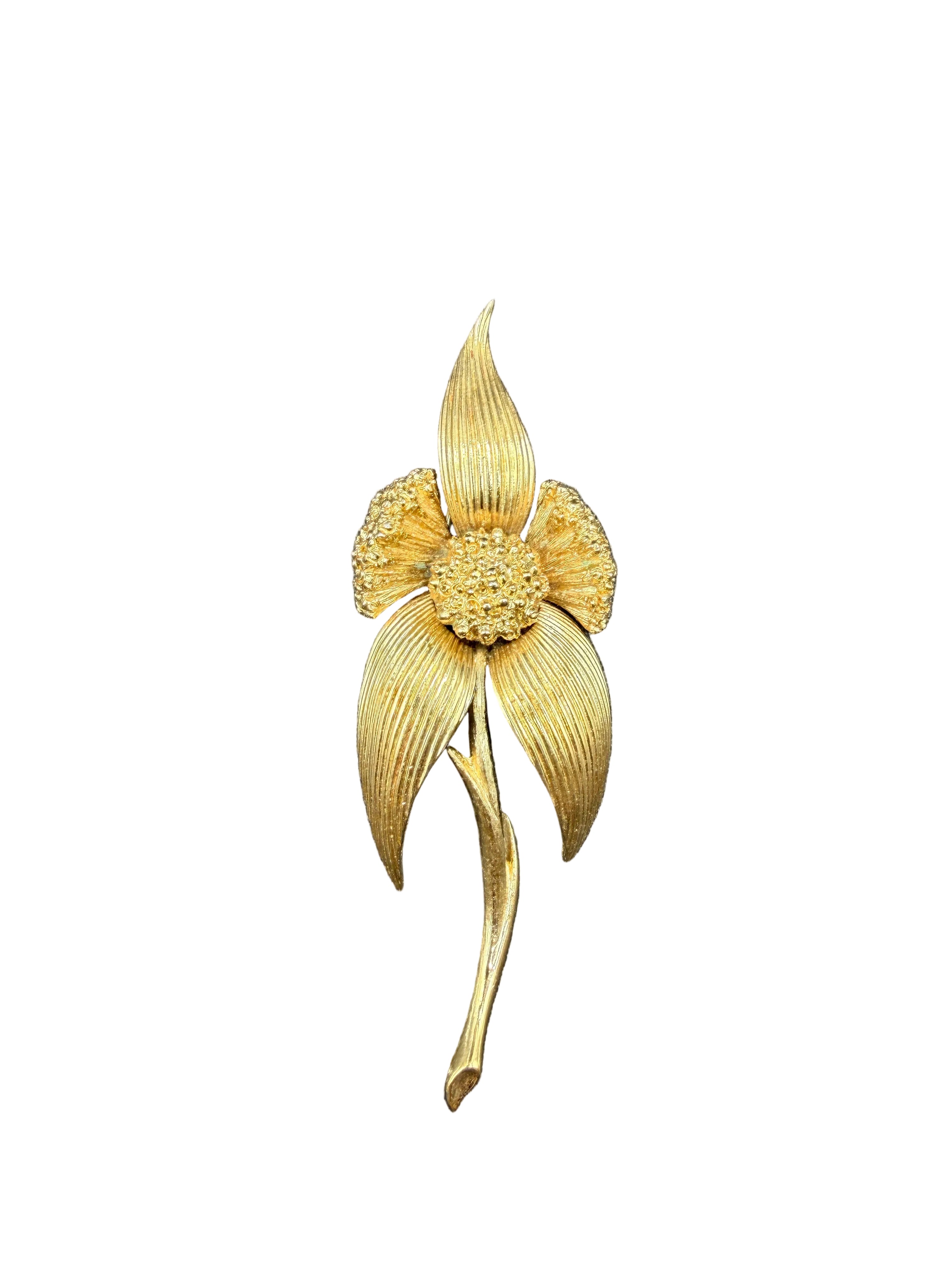 1960s Monet Gold-Tone Dimensional Iris Flower Brooch