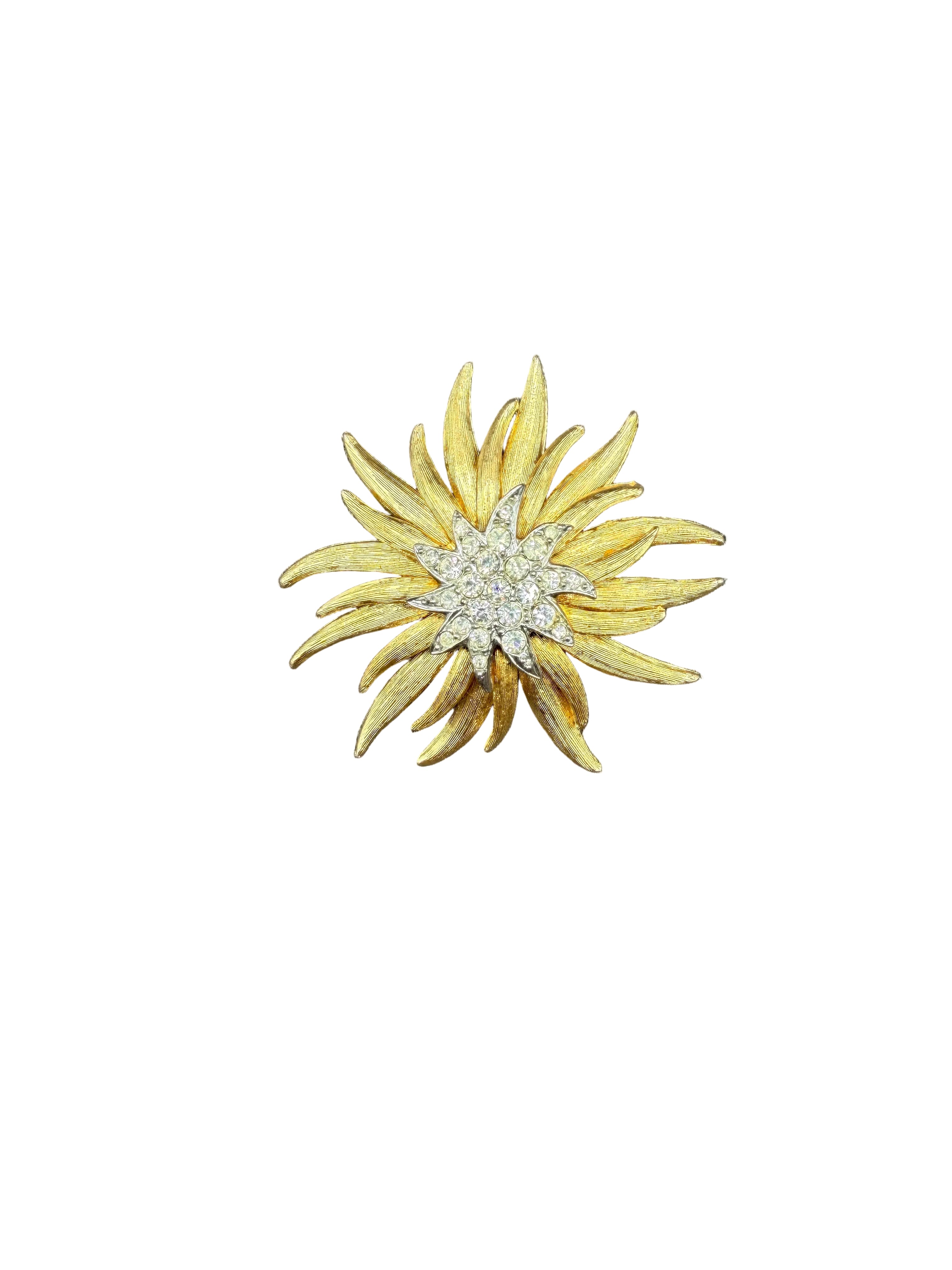 1950s Textured Gold-Tone Chrysanthemum Tiered Brooch with Rhinestone Center