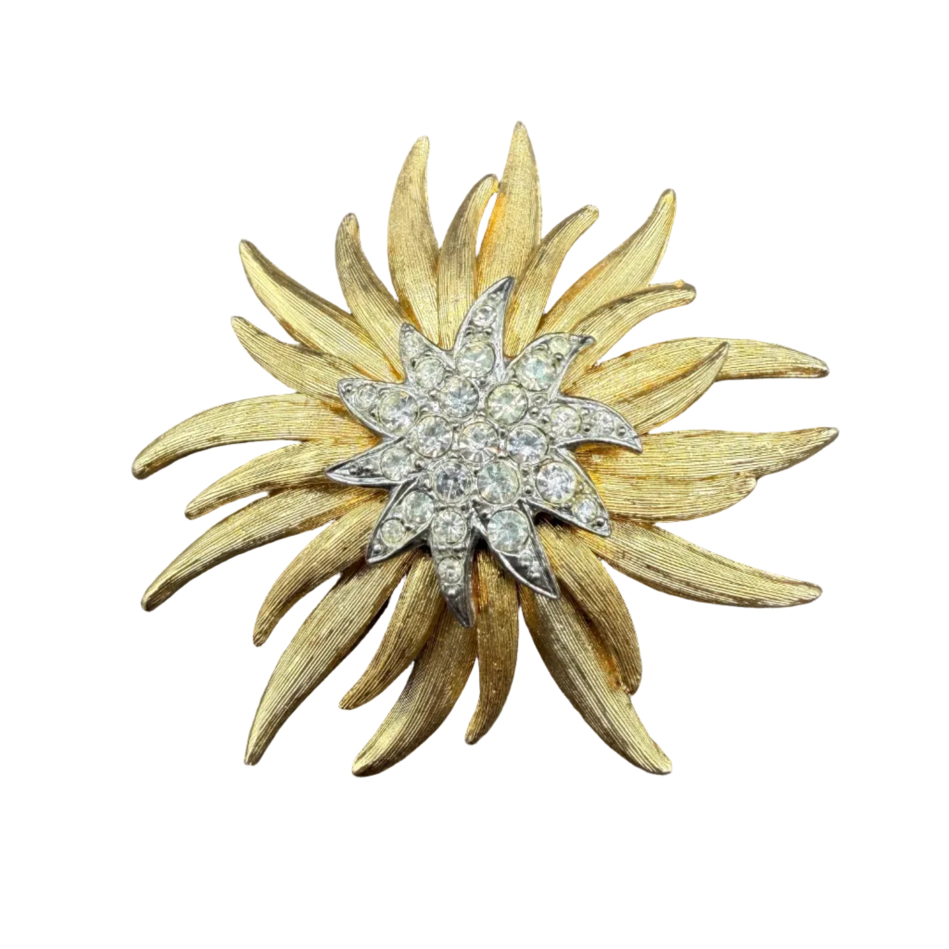 1950s Textured Gold-Tone Chrysanthemum Tiered Brooch with Rhinestone Center