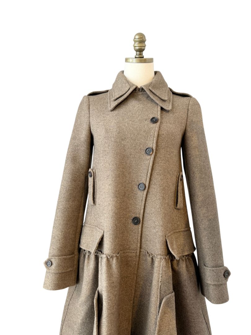 Miu Miu Feminine Military Coat with Double Collar and Skirted Hem