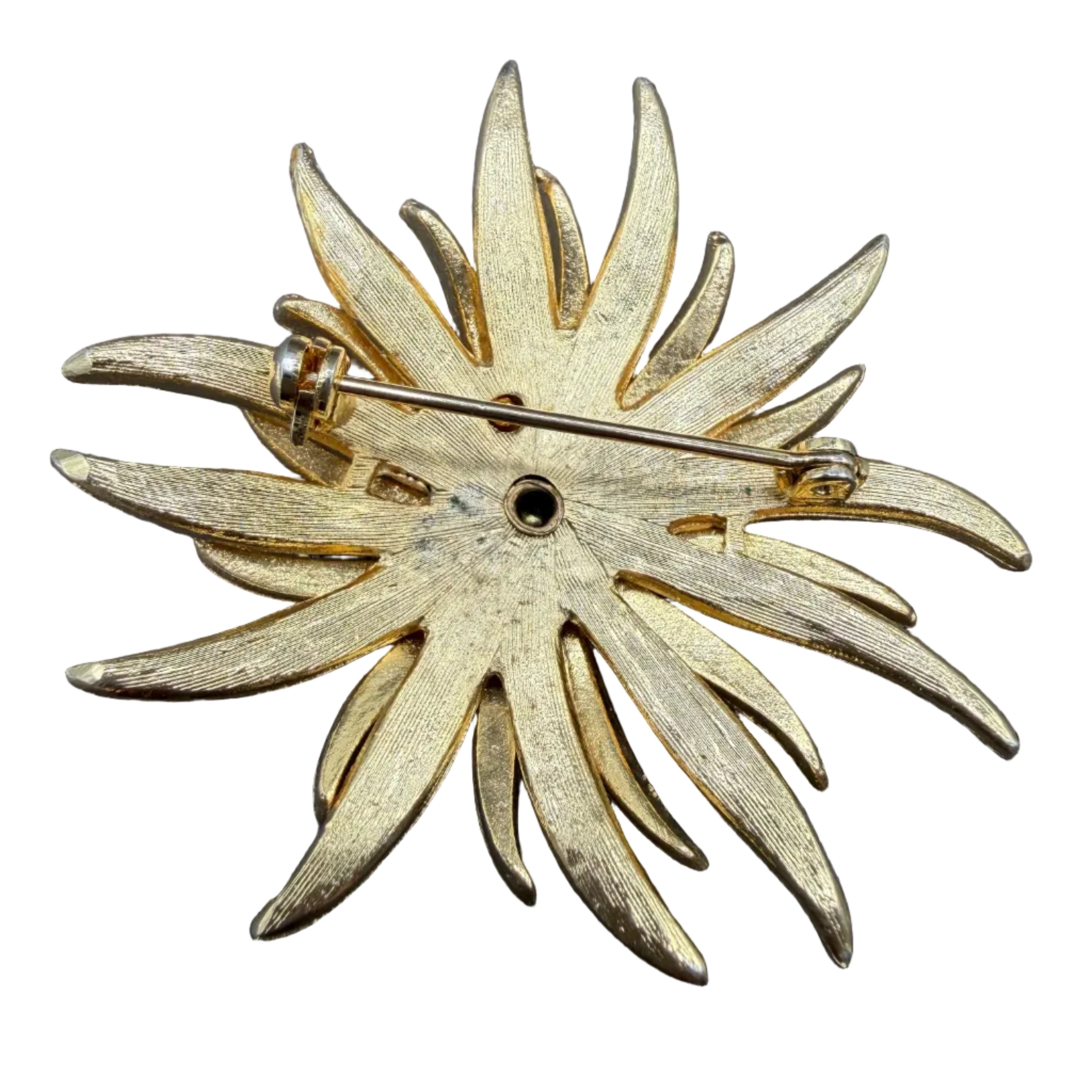 1950s Textured Gold-Tone Chrysanthemum Tiered Brooch with Rhinestone Center