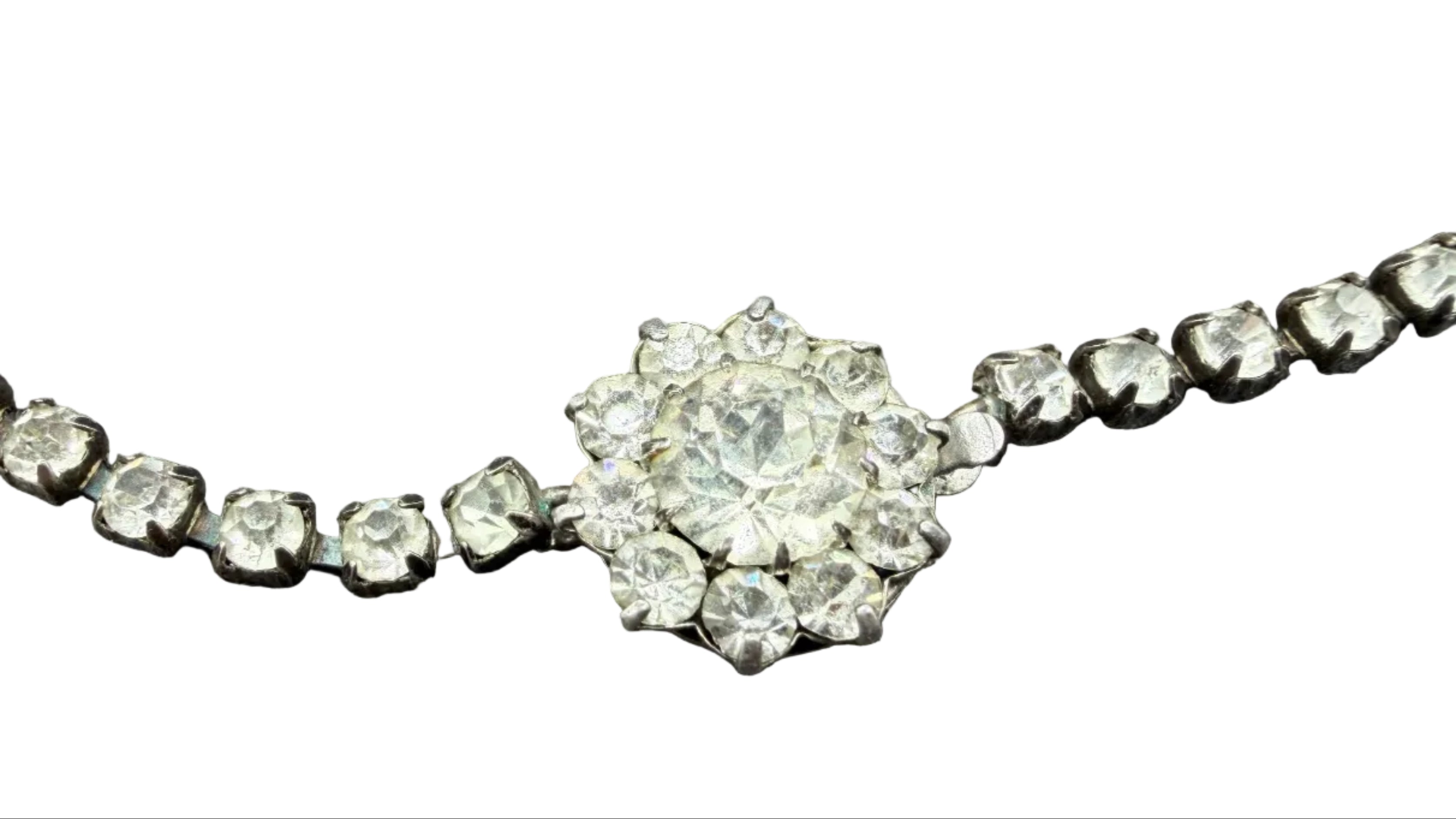1950s Sterling Silver Rhinestone Chain Necklace with Austrian Crystal Cluster Pendant