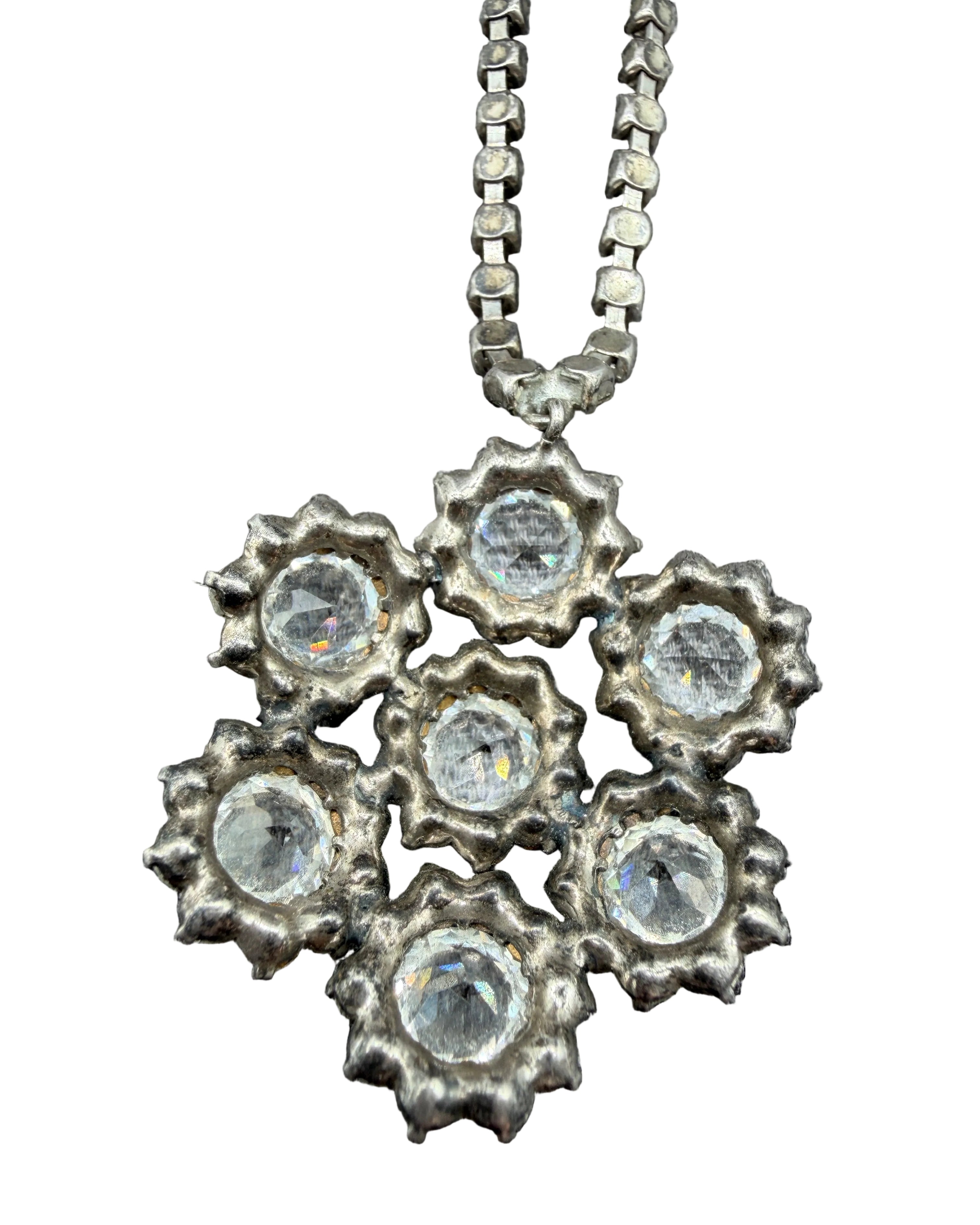 1950s Sterling Silver Rhinestone Chain Necklace with Austrian Crystal Cluster Pendant