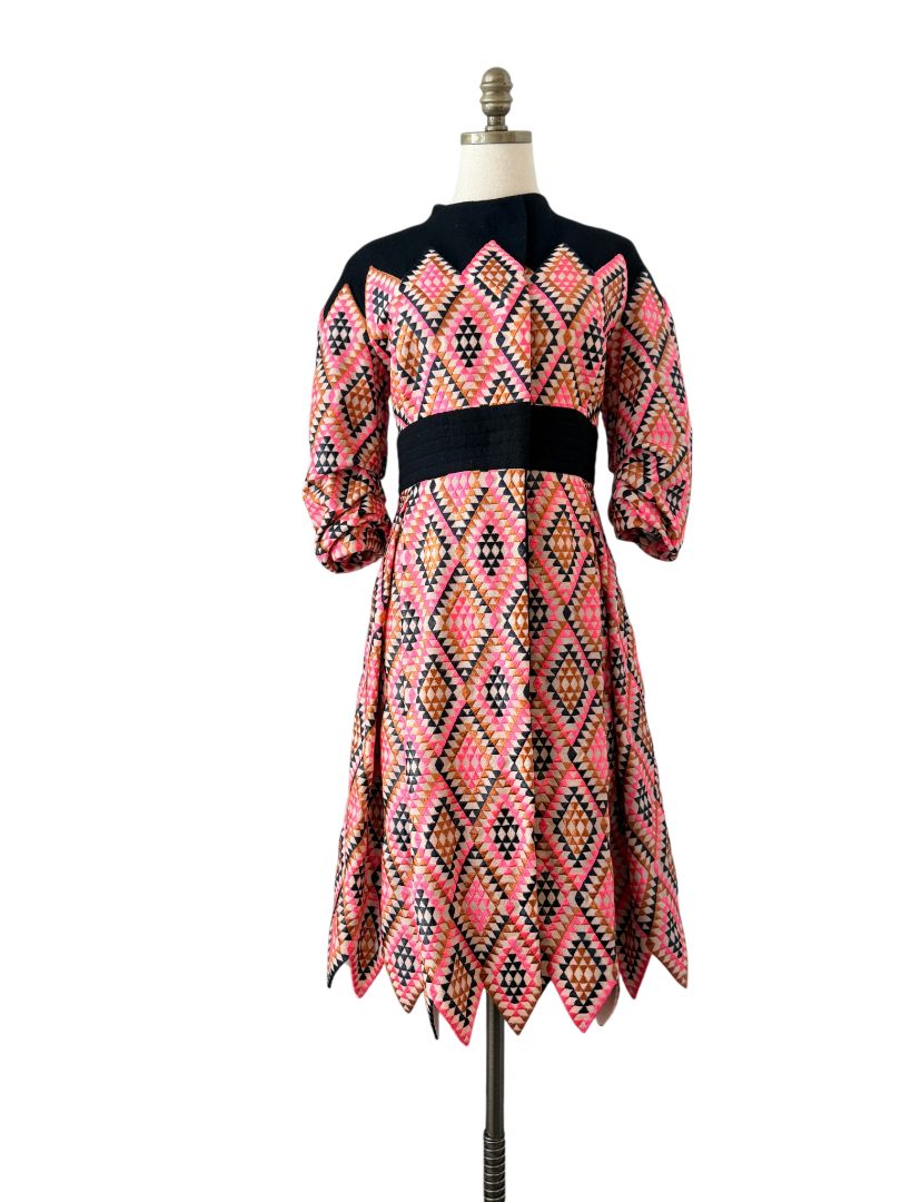 Amelia Toro Wool Snap-Front Coat with Ruched Sleeves and Pink Diamond Textile